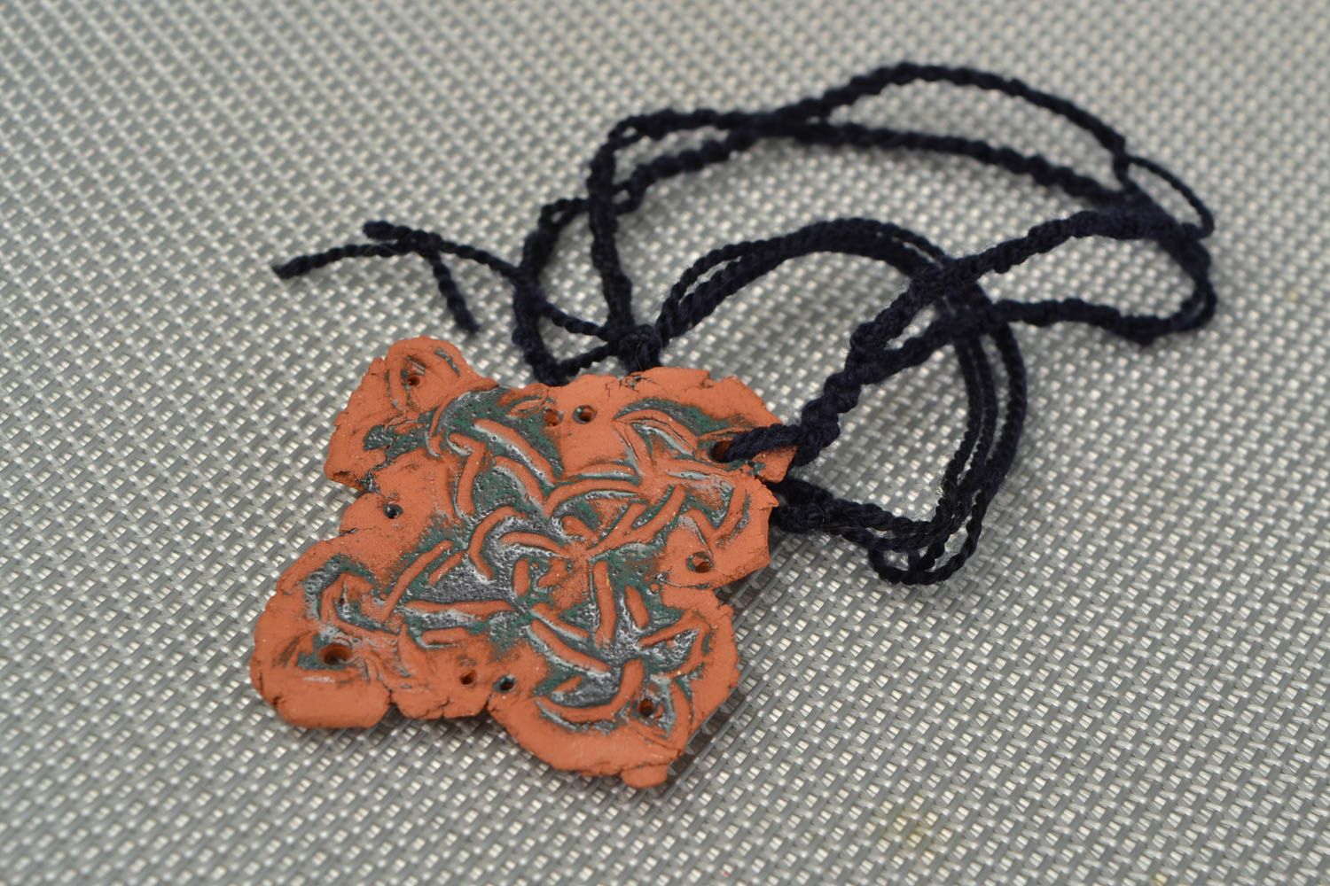 Handmade large ceramic pendant with ornament on cord ethnic jewelry for women photo 1