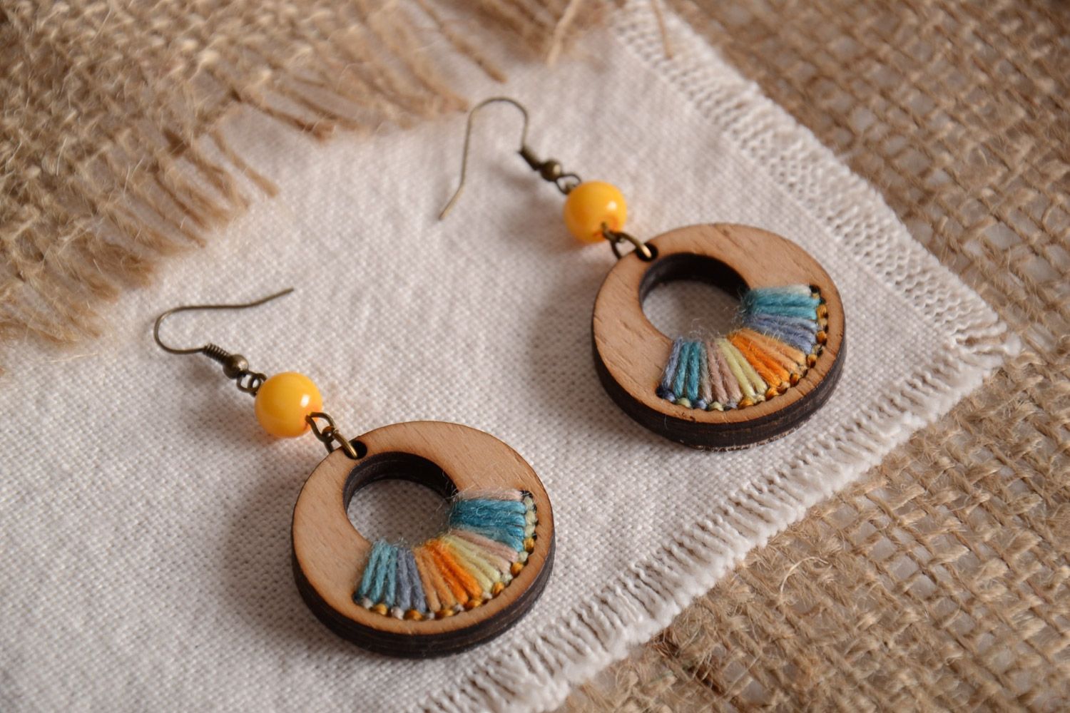 Handmade round plywood earrings with yellow and blue embroidery and beads photo 1
