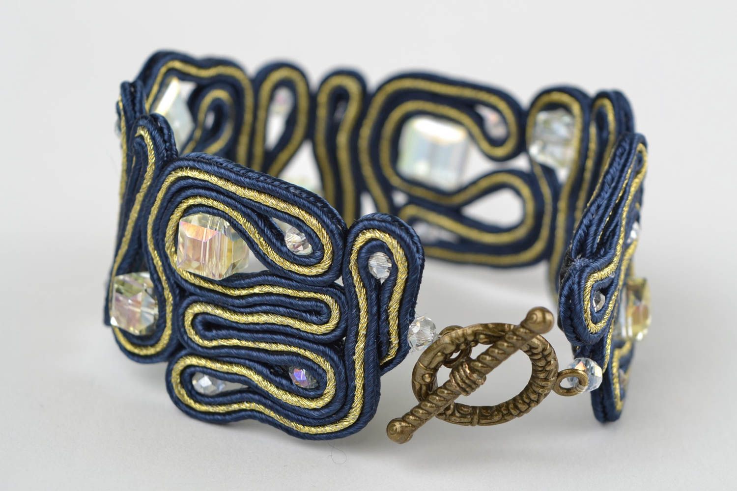 Blue soutache bracelet with rhinestones handmade designer beautiful accessory photo 4