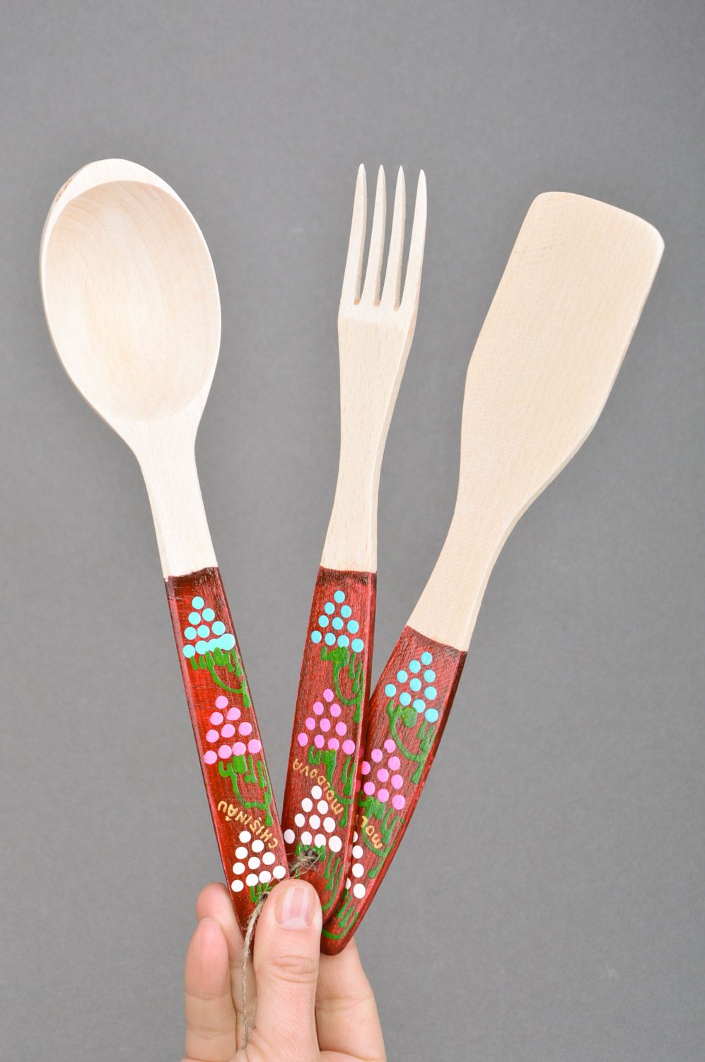 Set of handmade decorative kitchen accessories 3 items painted wooden spatula spoon and fork  photo 3