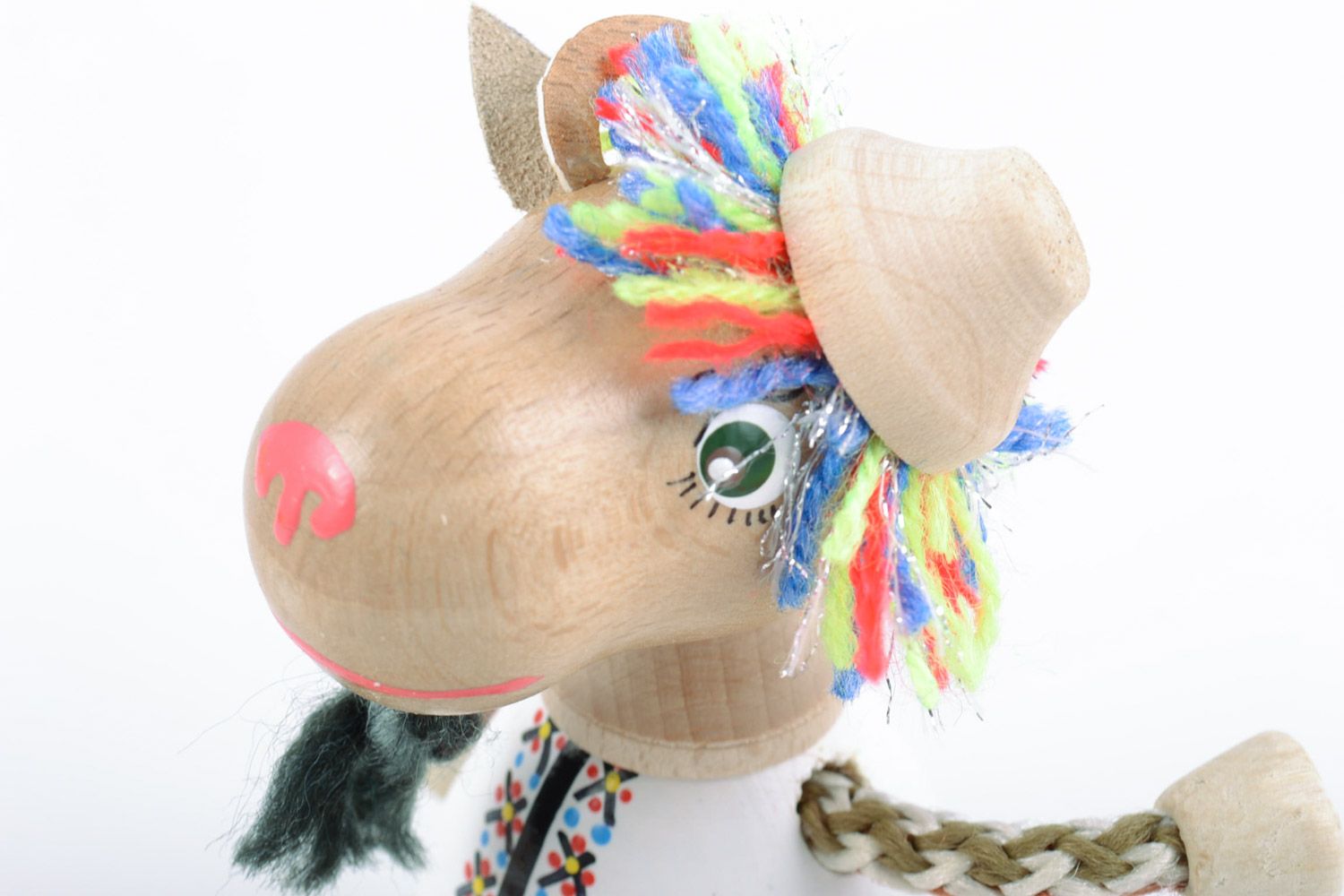Handmade painted wooden eco toy in the shape of small goat in costume and hat photo 3