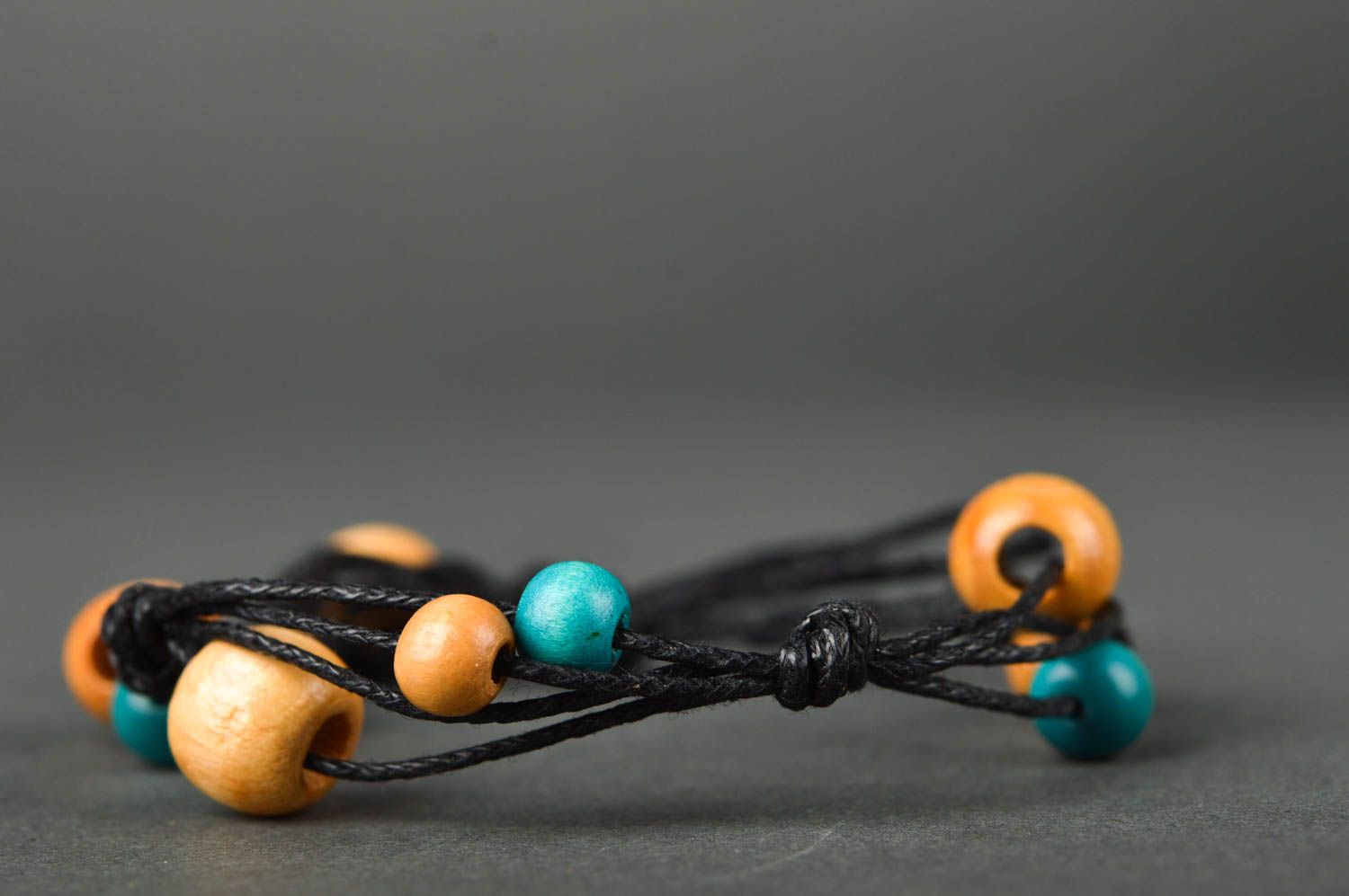 Handmade wooden turquoise and orange beads wrist bracelet on black wax four layers cord for girls photo 4