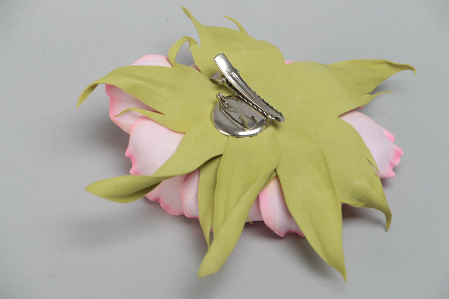 Handmade designer hair clip brooch with pink volume foamiran flower and leaves photo 4