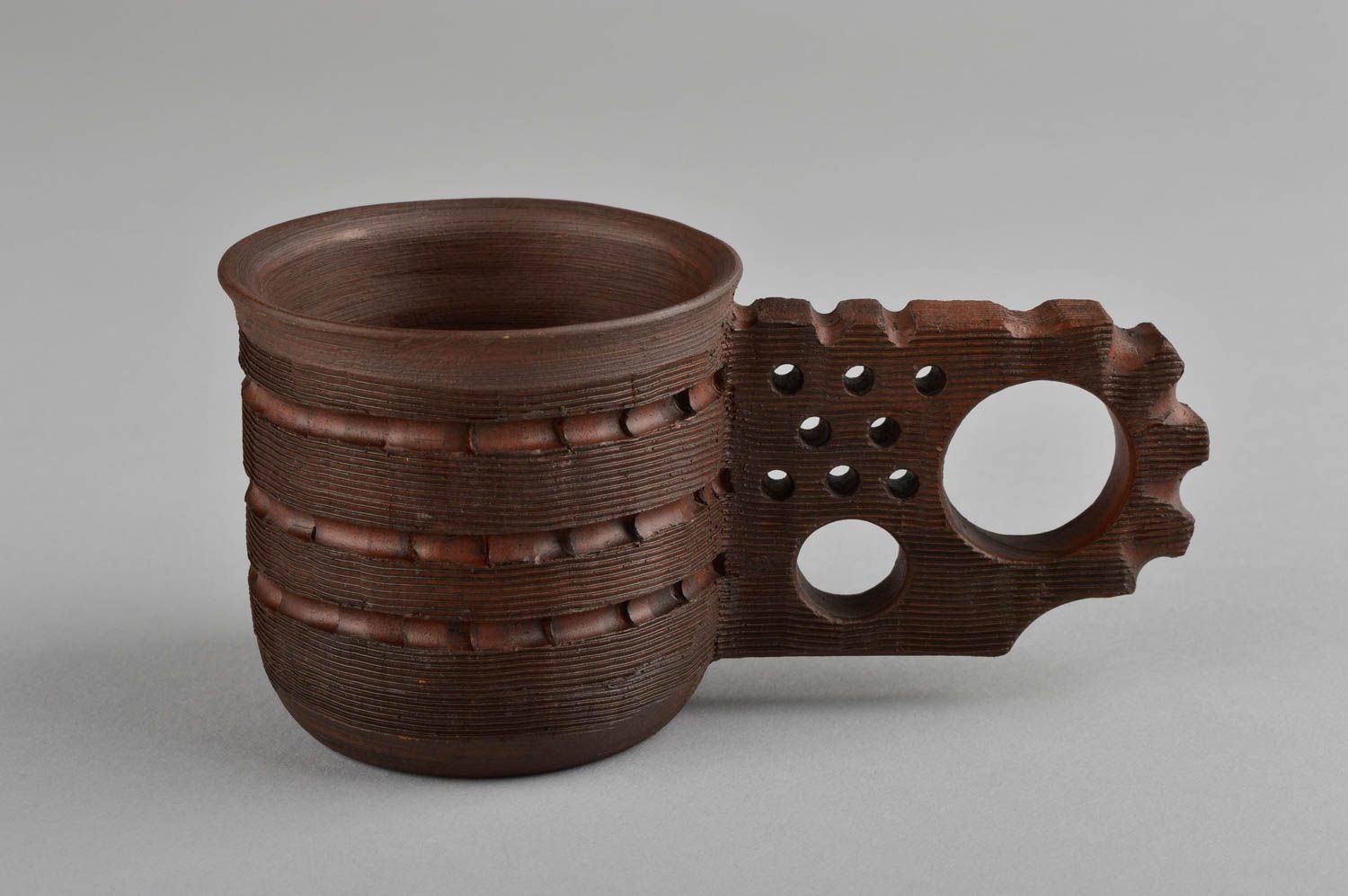 Handmade ceramic dark brown teacup with handle in the shape of cogwheel 0,26 lb photo 2