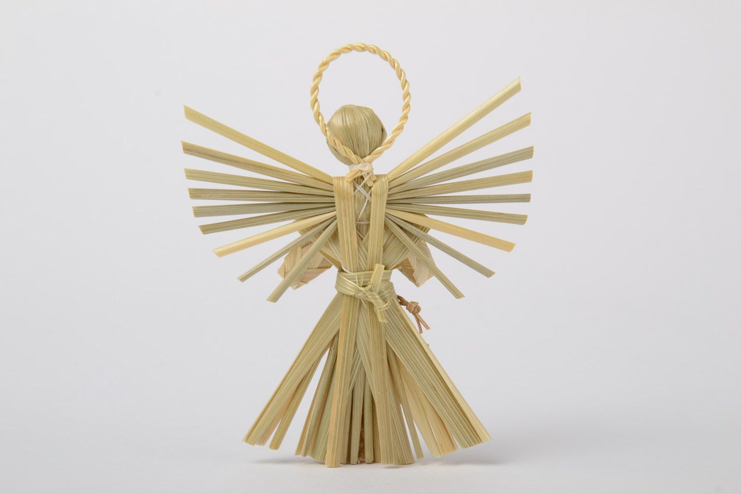Small handmade figurine of angel woven of natural straw for interior decoration photo 3