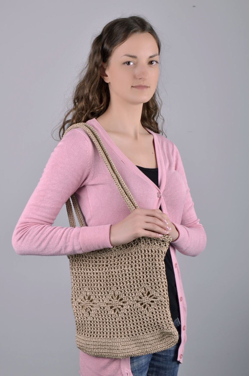 Bolsa de tricô feito à mão de cabo de viscose foto 2