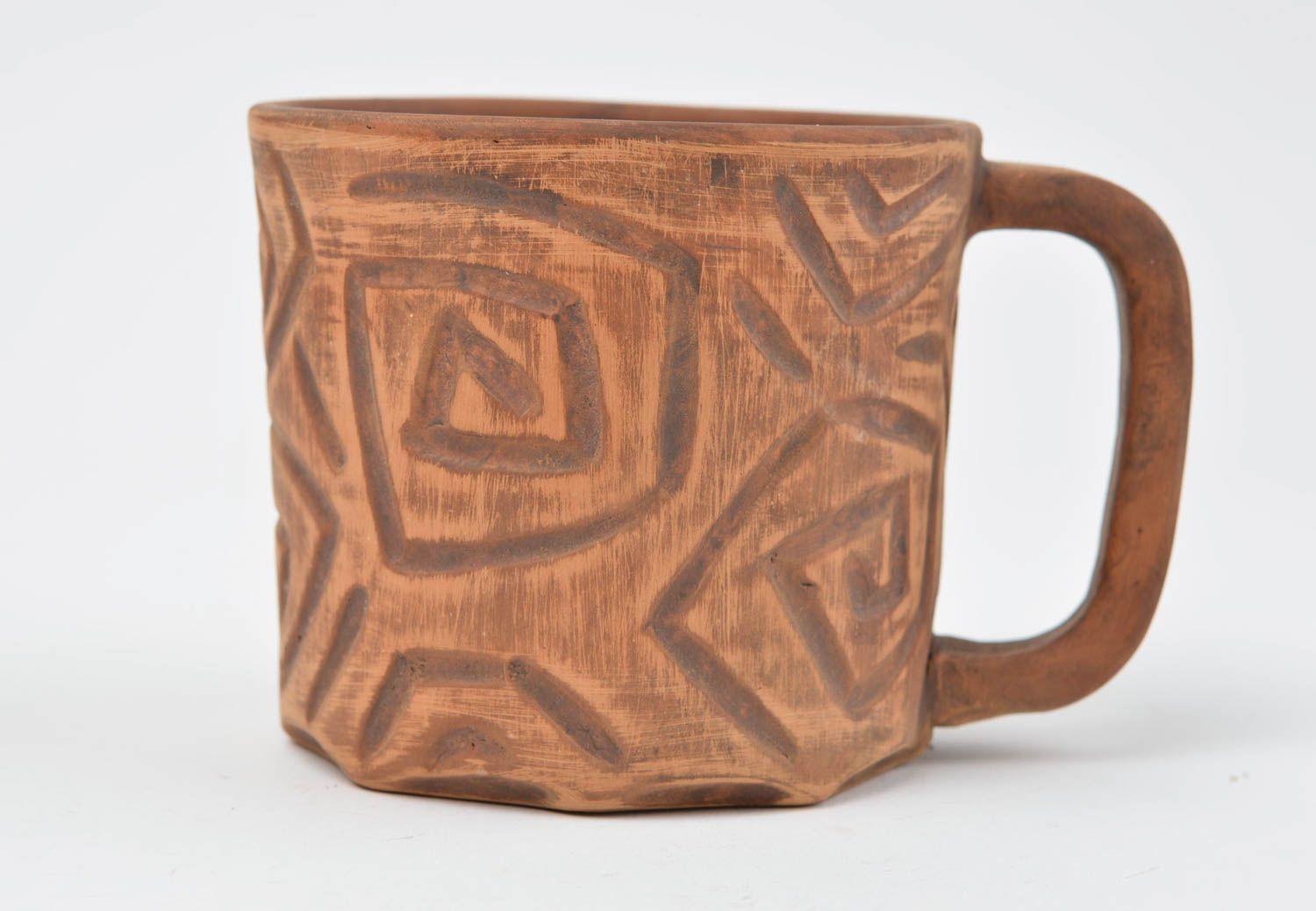 5 oz clay not glazed coffee mug with handle and geometric pattern photo 2