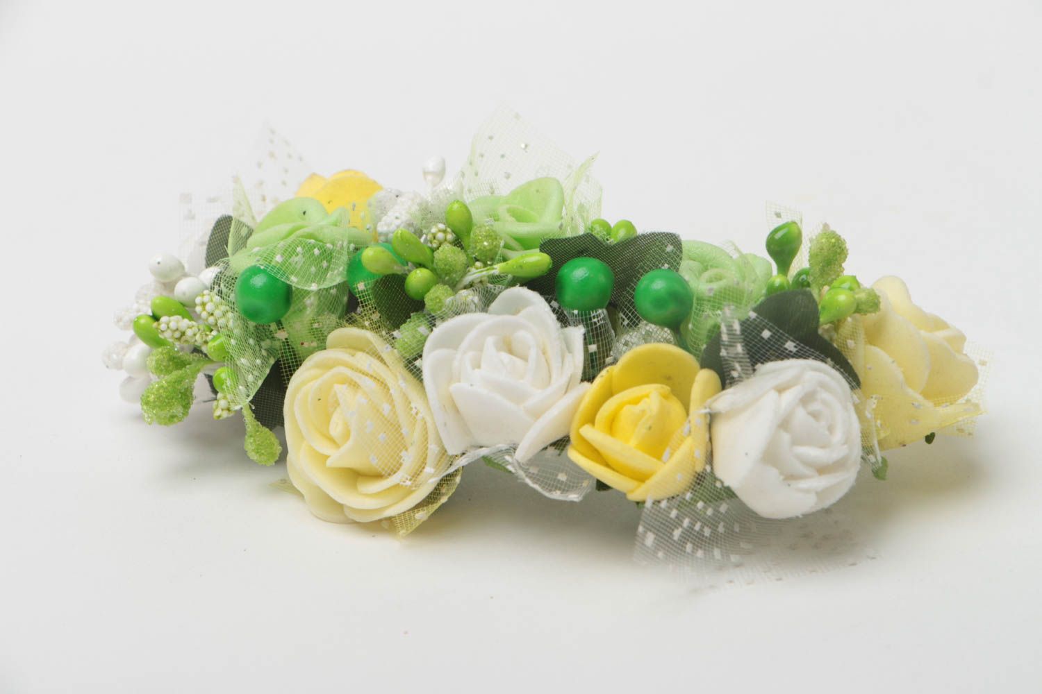 Peigne à cheveux avec fleurs vert-blanc-jaune fait main plastique original photo 3