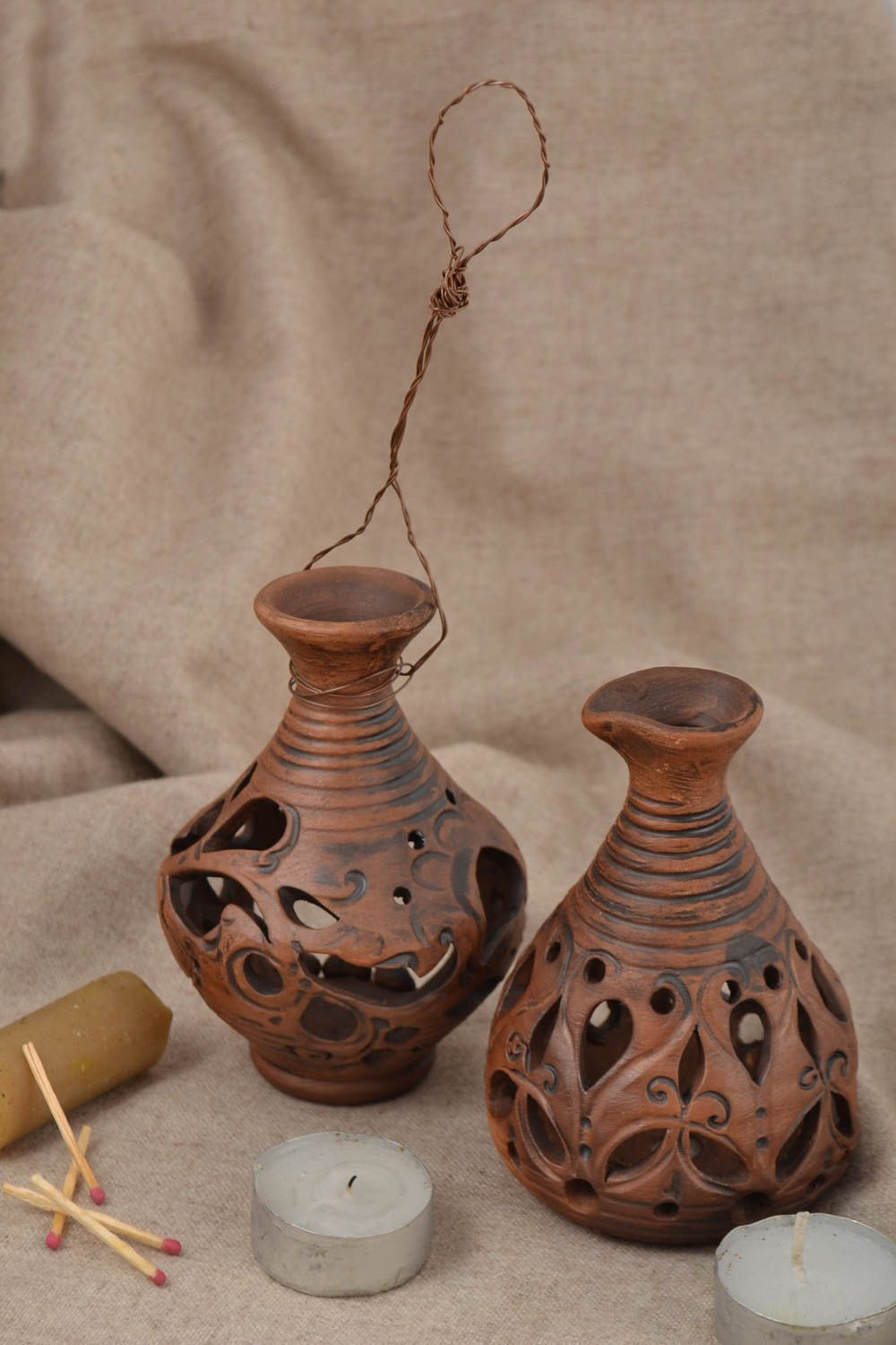 Dos portavelas de cerámica hechos a mano sostenedores de velas regalo original foto 1