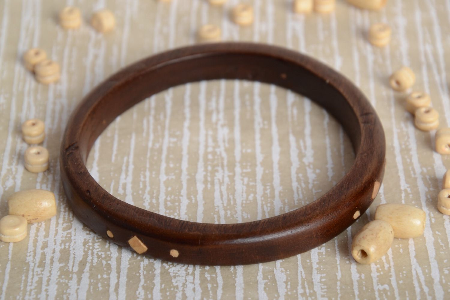 Thin dark handmade varnished wooden wrist bracelet with inlay for women photo 2