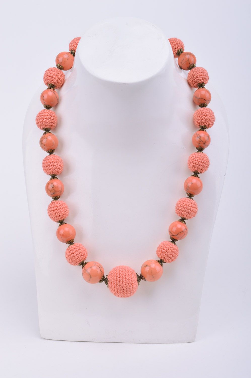 Unusual handmade long necklace woven of beads and threads of pink color for girls photo 1