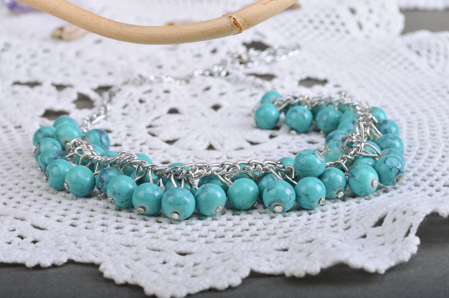 Handmade blue bead necklace with long metal chain photo 5