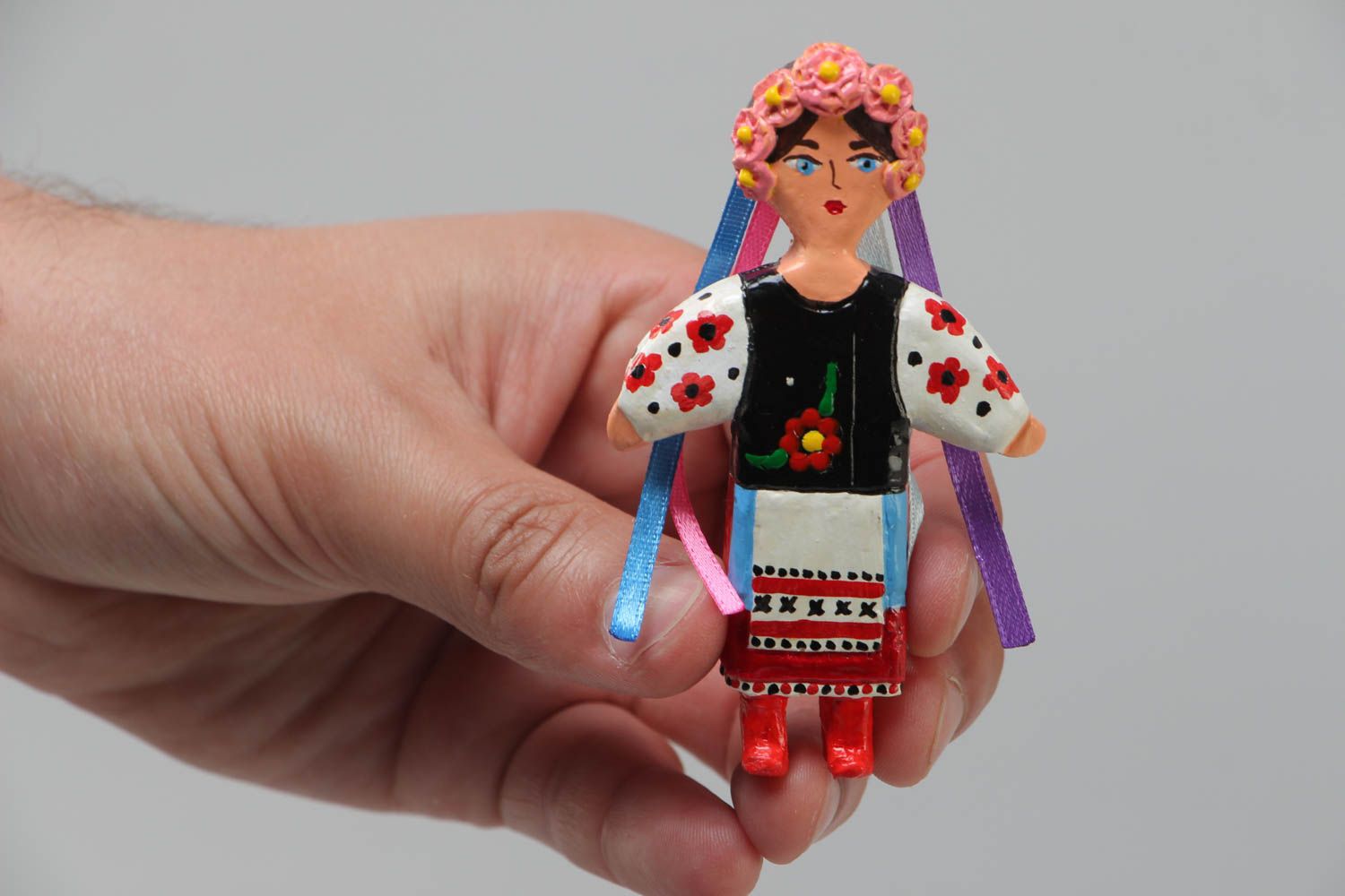 Handcrafted decorated with designs refrigerator magnet in the form of Ukrainian girl made of plaster photo 5