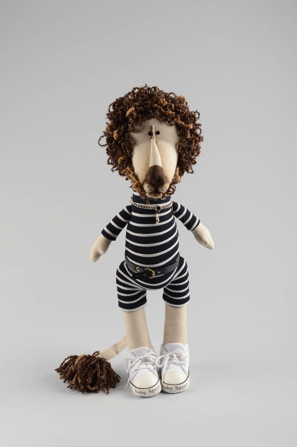 Handmade designer interior cloth soft toy lion in striped overall and white vans photo 2