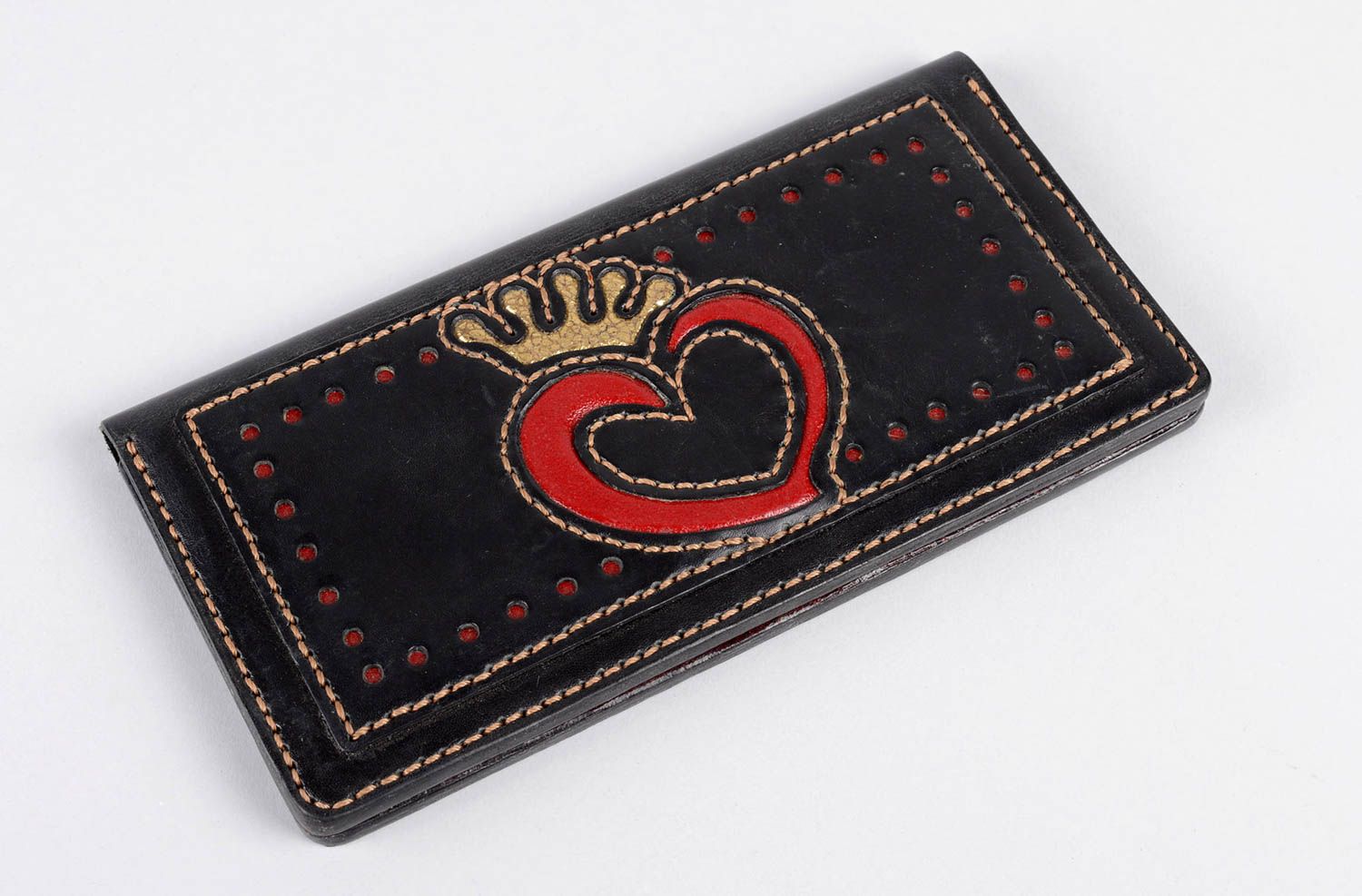 Portefeuille cuir noir Accessoire femme fait main avec coeur Cadeau original photo 1