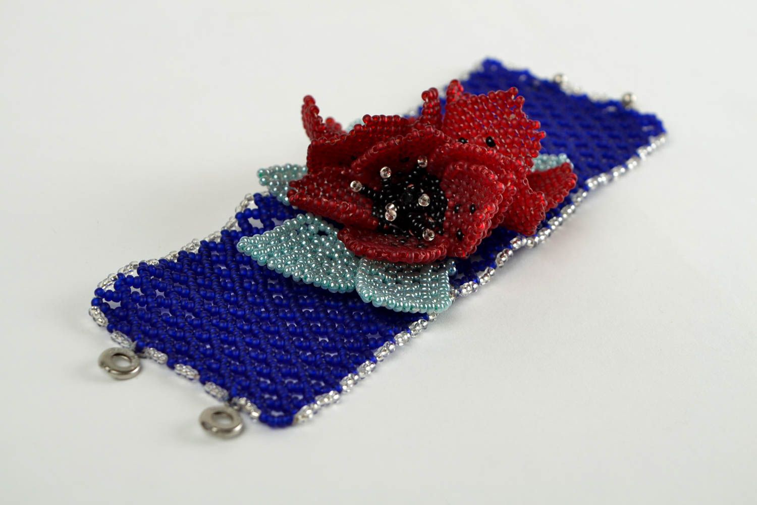 Handmade poppies wide bead bracelet in dark blue and dark red color for women  photo 5