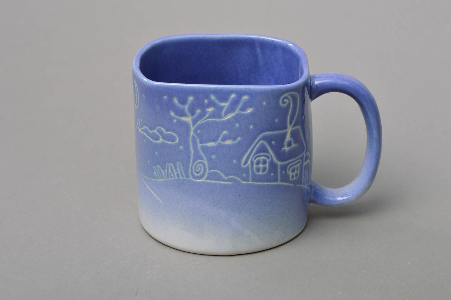 Porcelain ceramic blue color drinking mug with handle photo 1