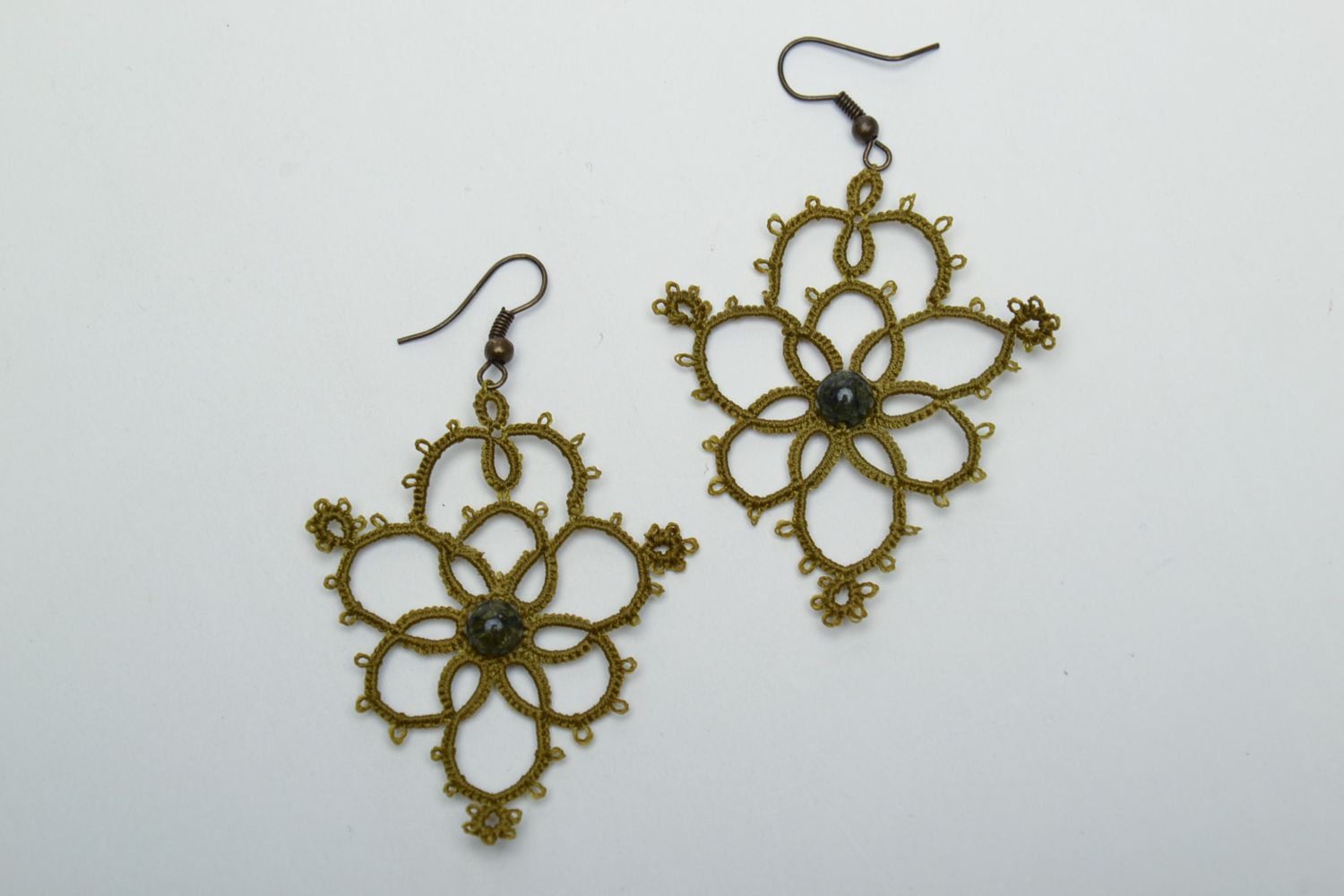 Crochet earrings with beads Olive photo 2