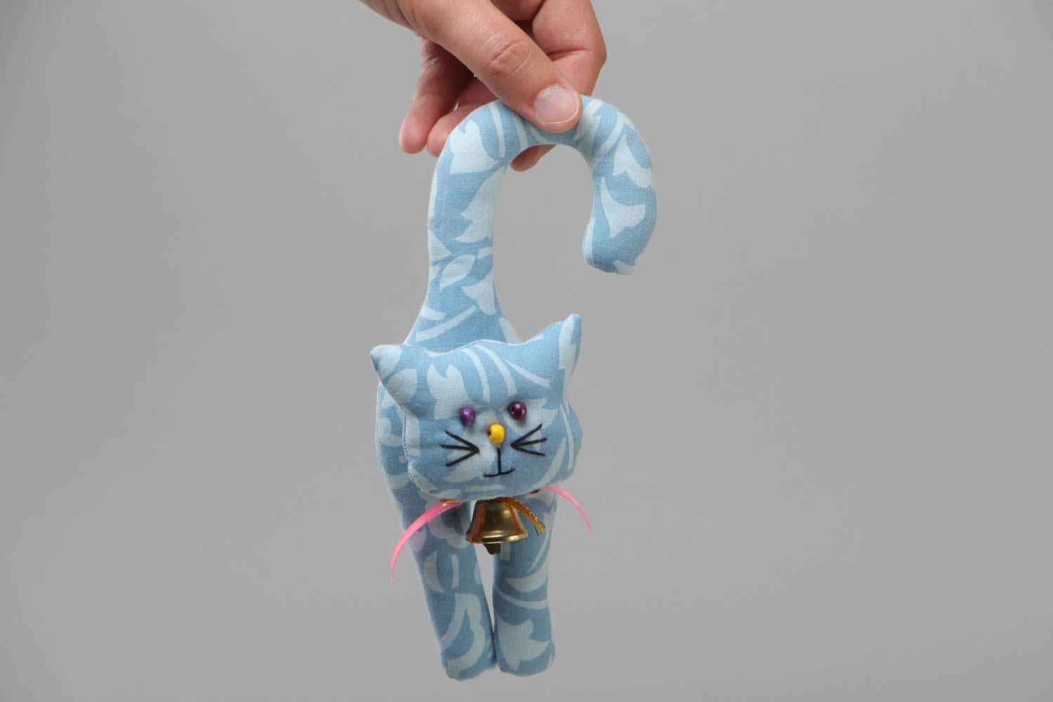 Handmade fabric soft toy cat with hooked tail for door handle photo 5