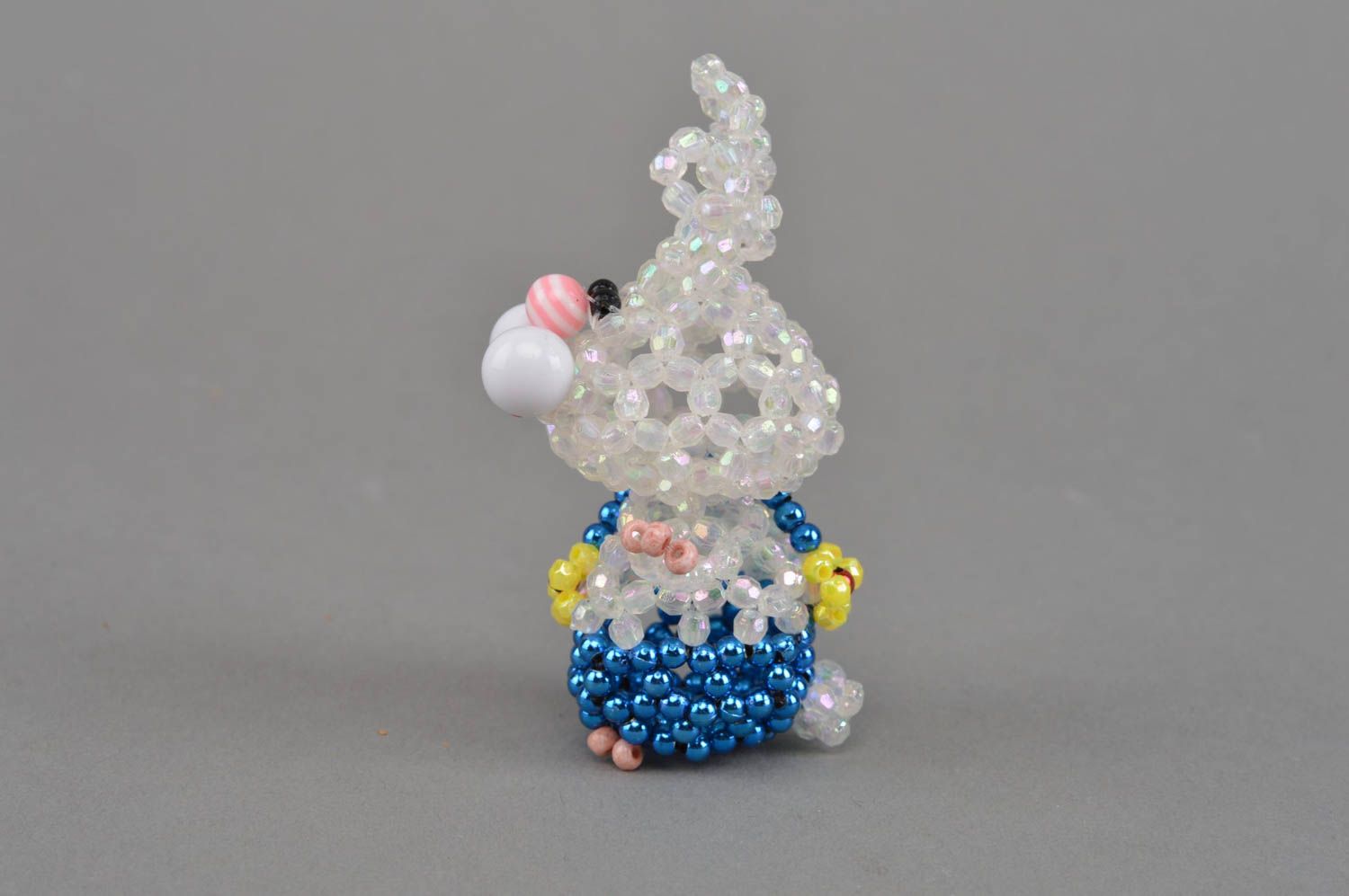 Miniature handmade beaded figurine of hare in blue panties for home decor photo 4