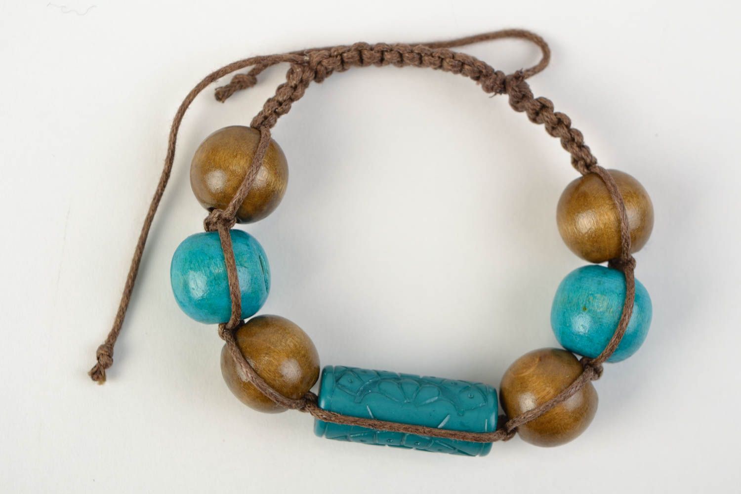 Handmade women's woven cotton cord wrist bracelet with wooden beads photo 6