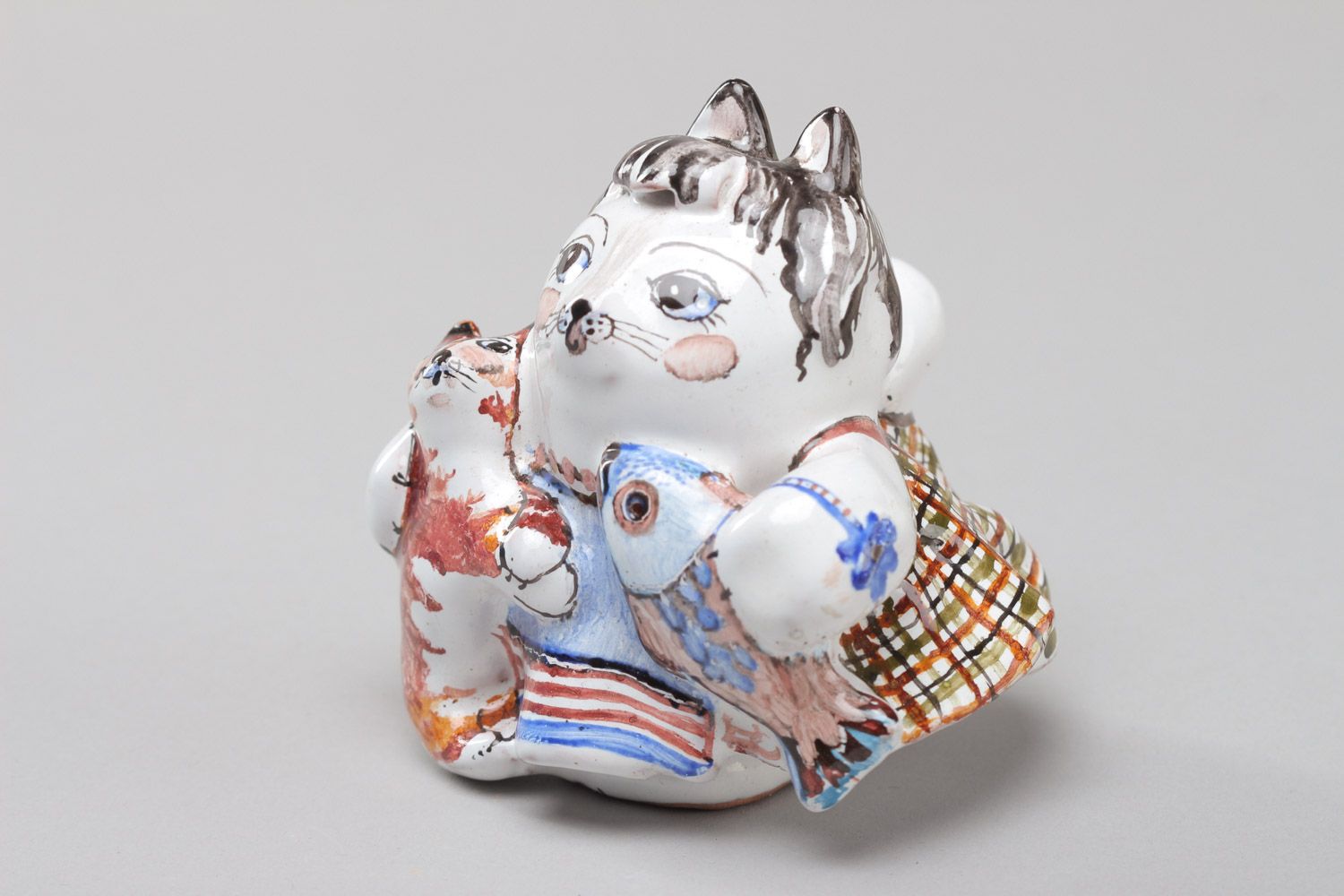 Homemade ceramic figurine of cat painted with enamel and dyes for clay photo 2