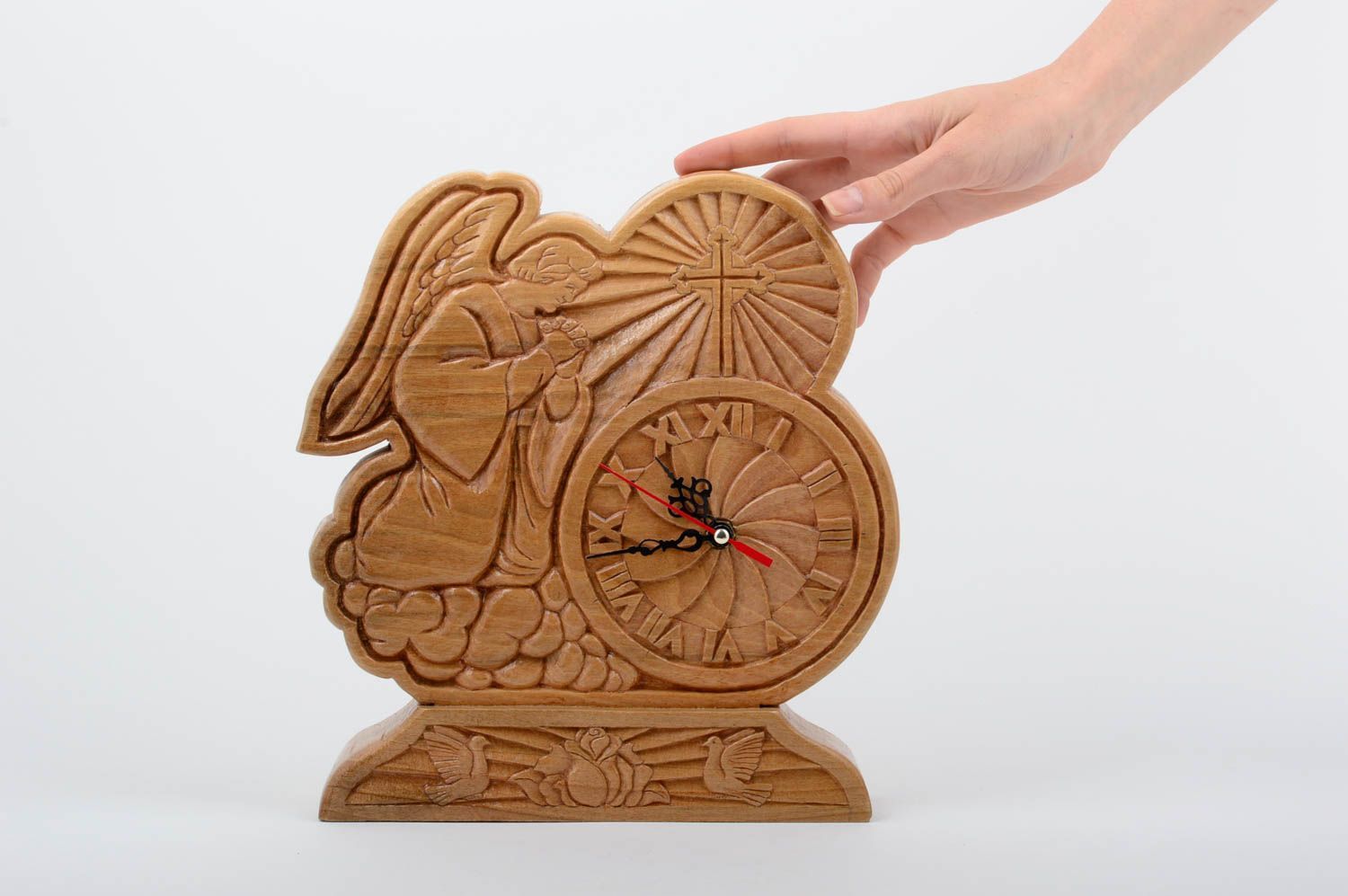 Tisch Uhr Handmade Deko Uhr aus Holz ungewöhnliche Uhr Engel geschnitzt schön foto 5
