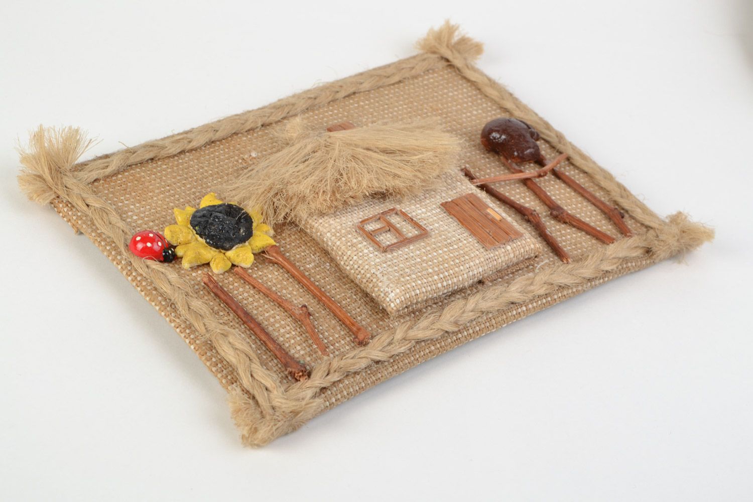 Handmade decorative burlap wall hanging panel with painted salt dough elements  photo 5