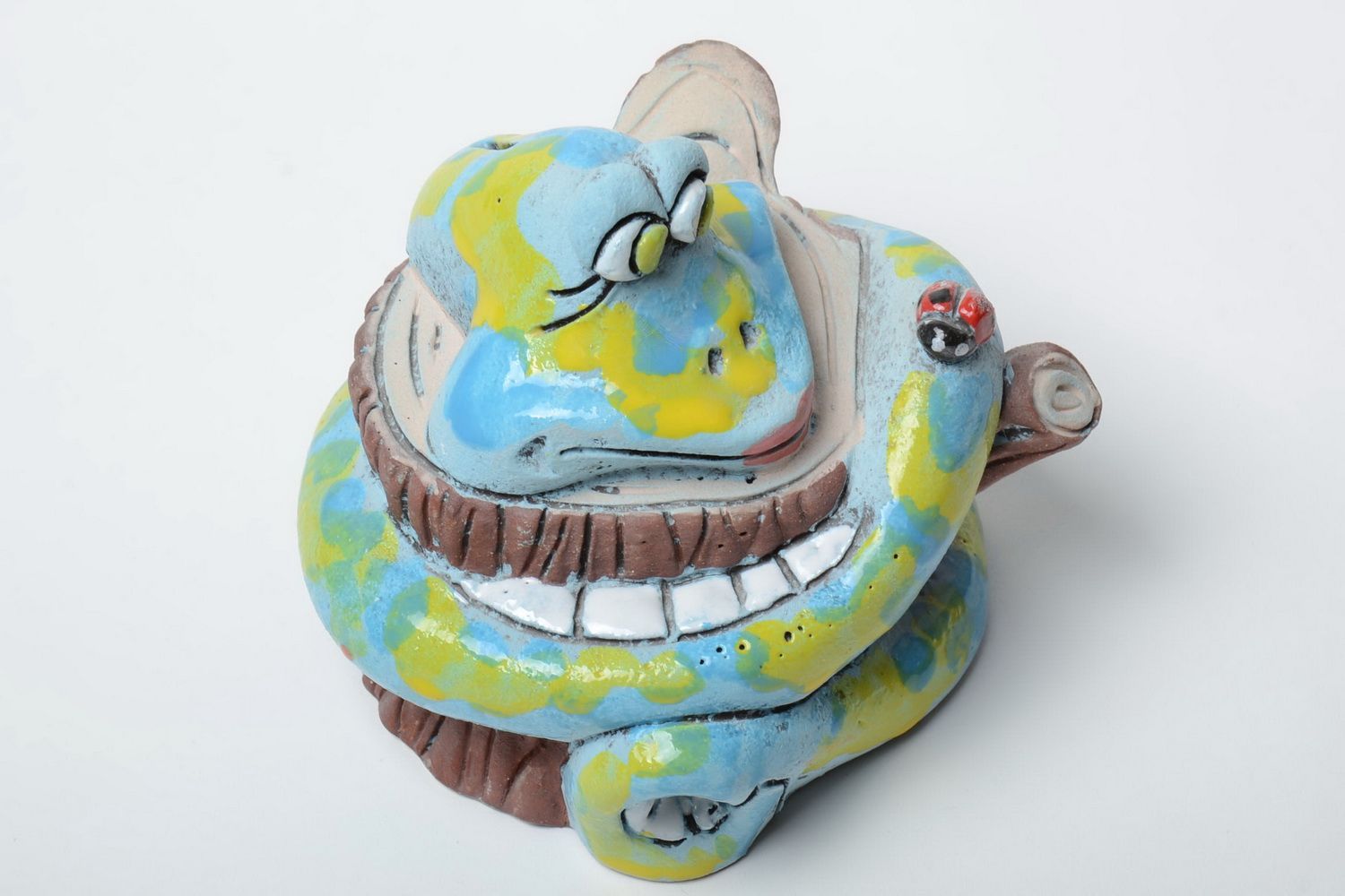 Handmade Sparbüchse aus Keramik Schlange auf Baumstumpf lustig für Kinder foto 4