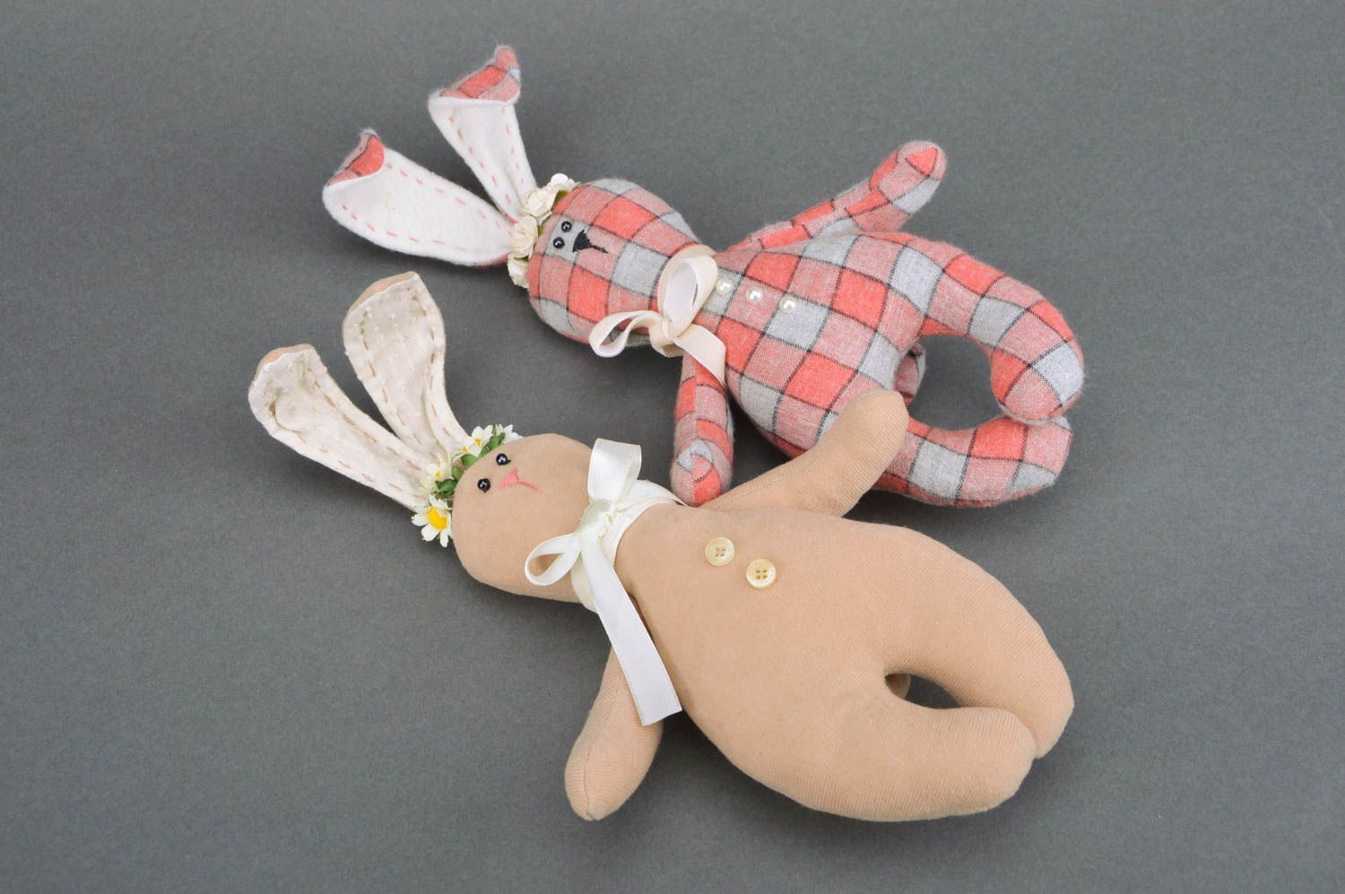 Set of handmade fabric toys 2 pieces cute bunnies beautiful designer interior decor photo 5
