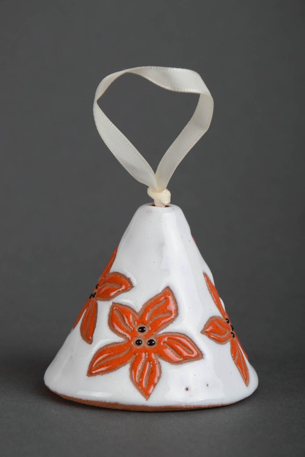 Handmade small ceramic white and orange decorative hanging bell with flowers photo 2