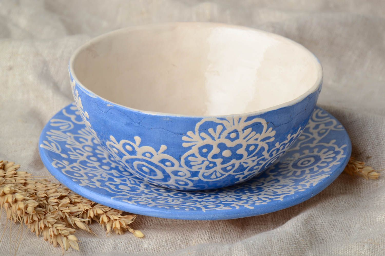 Handmade bowl with saucer for soup blue with white with patterns set of kitchen pottery photo 1