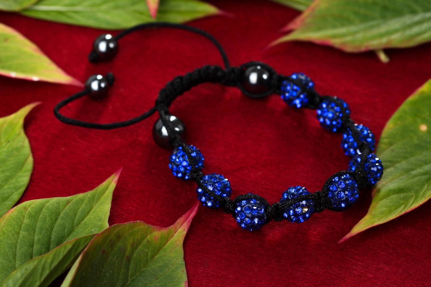 Dark blue beads strand bracelet on a black rope for daughter photo 1