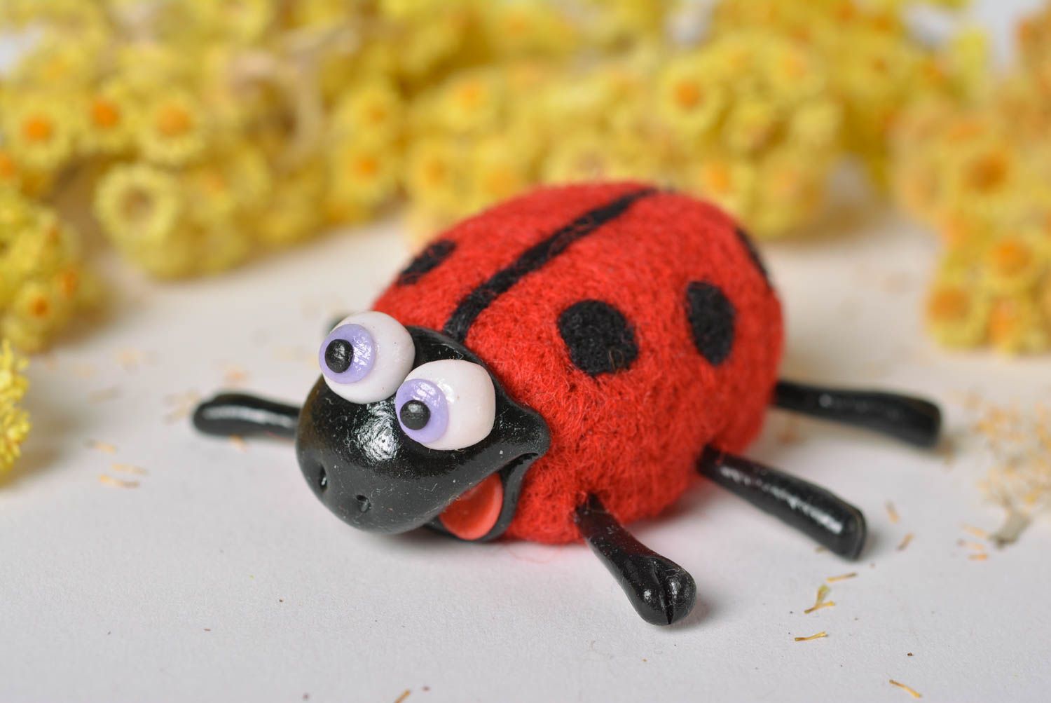 Handmade plastic toy ladybug designer figurine unusual woolen statuette photo 3