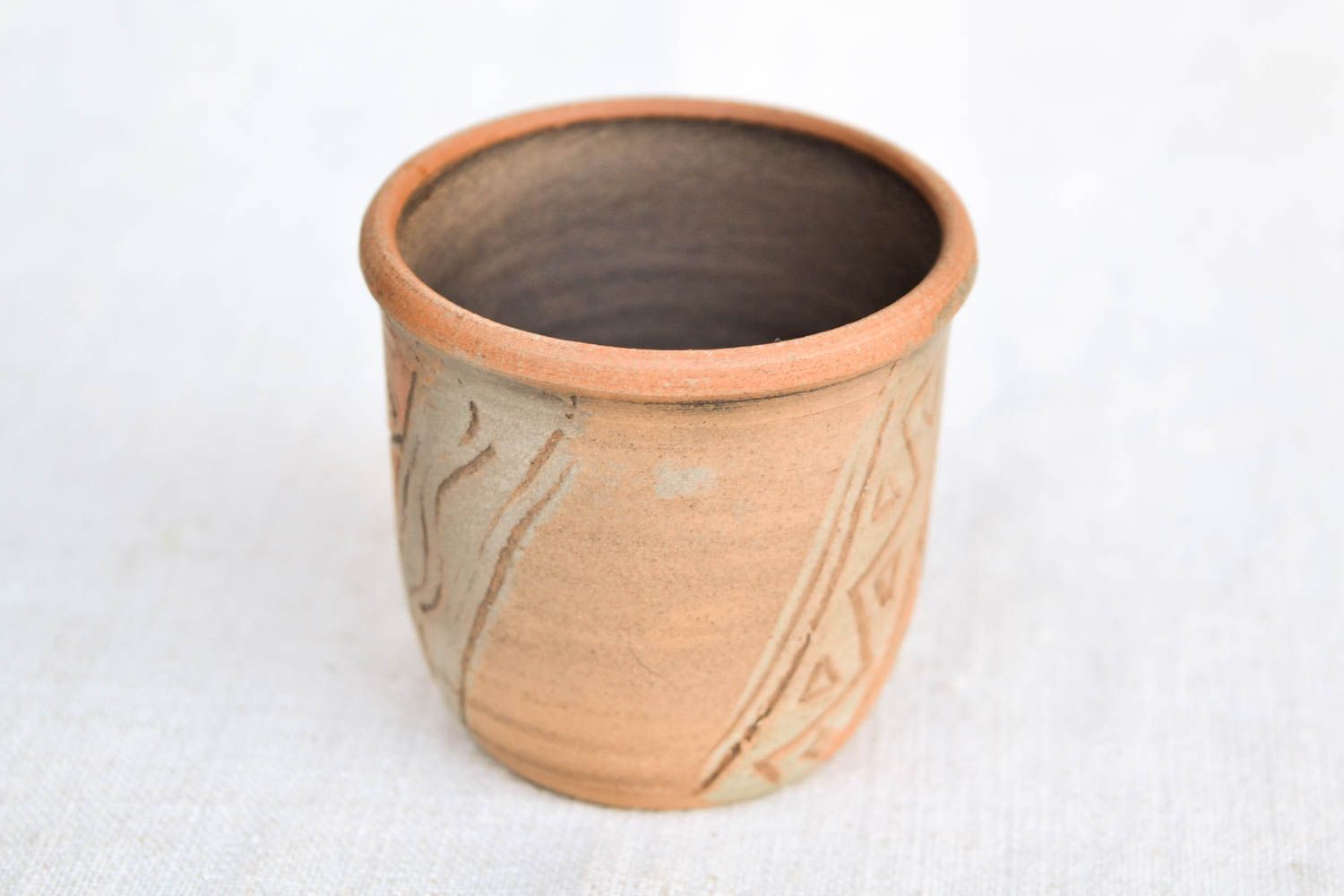 Clay no handle ceramic wine cup in olive and brown color photo 4