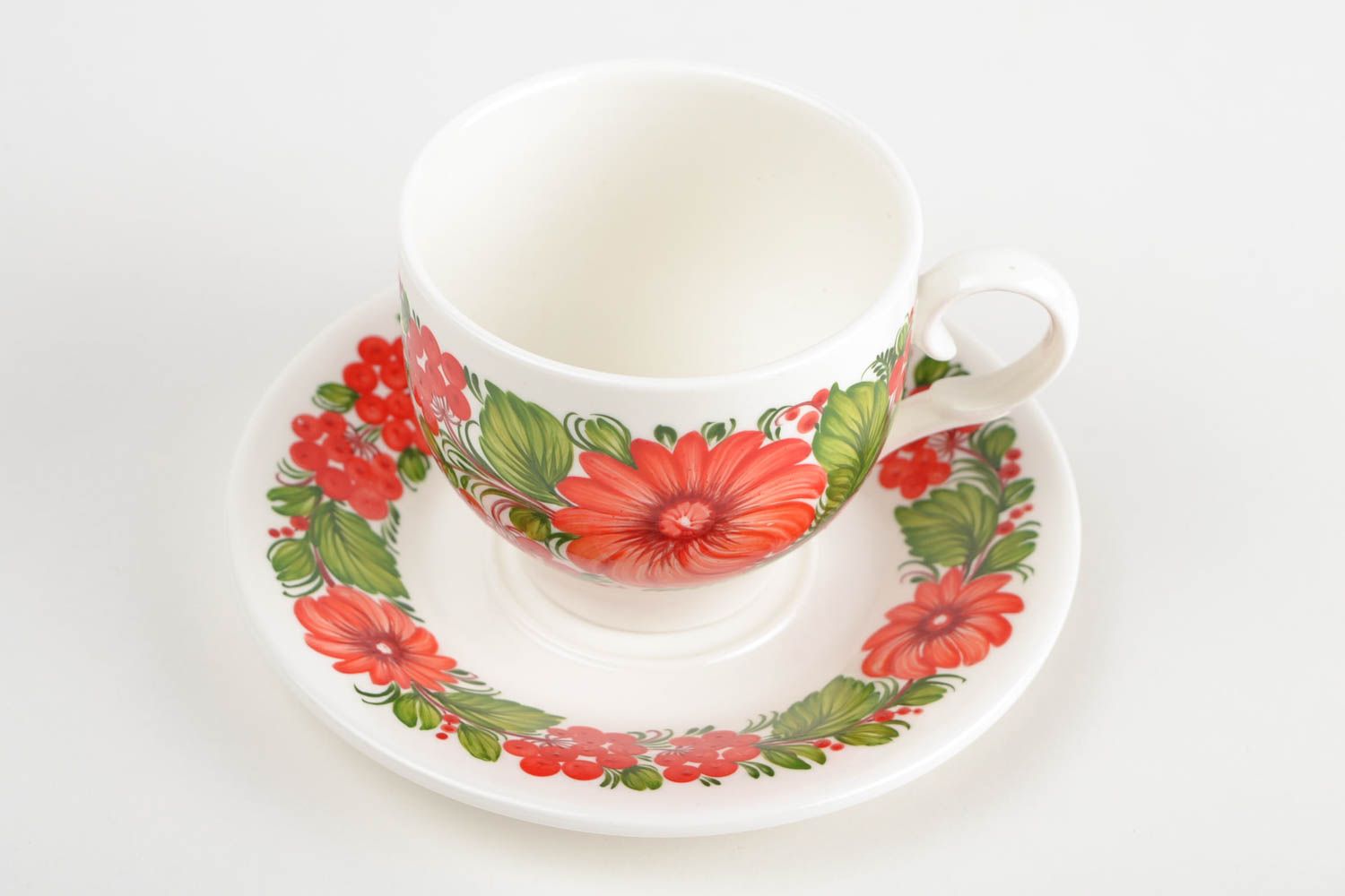 8 oz porcelain coffee cup with Russian style floral red and green pattern photo 5