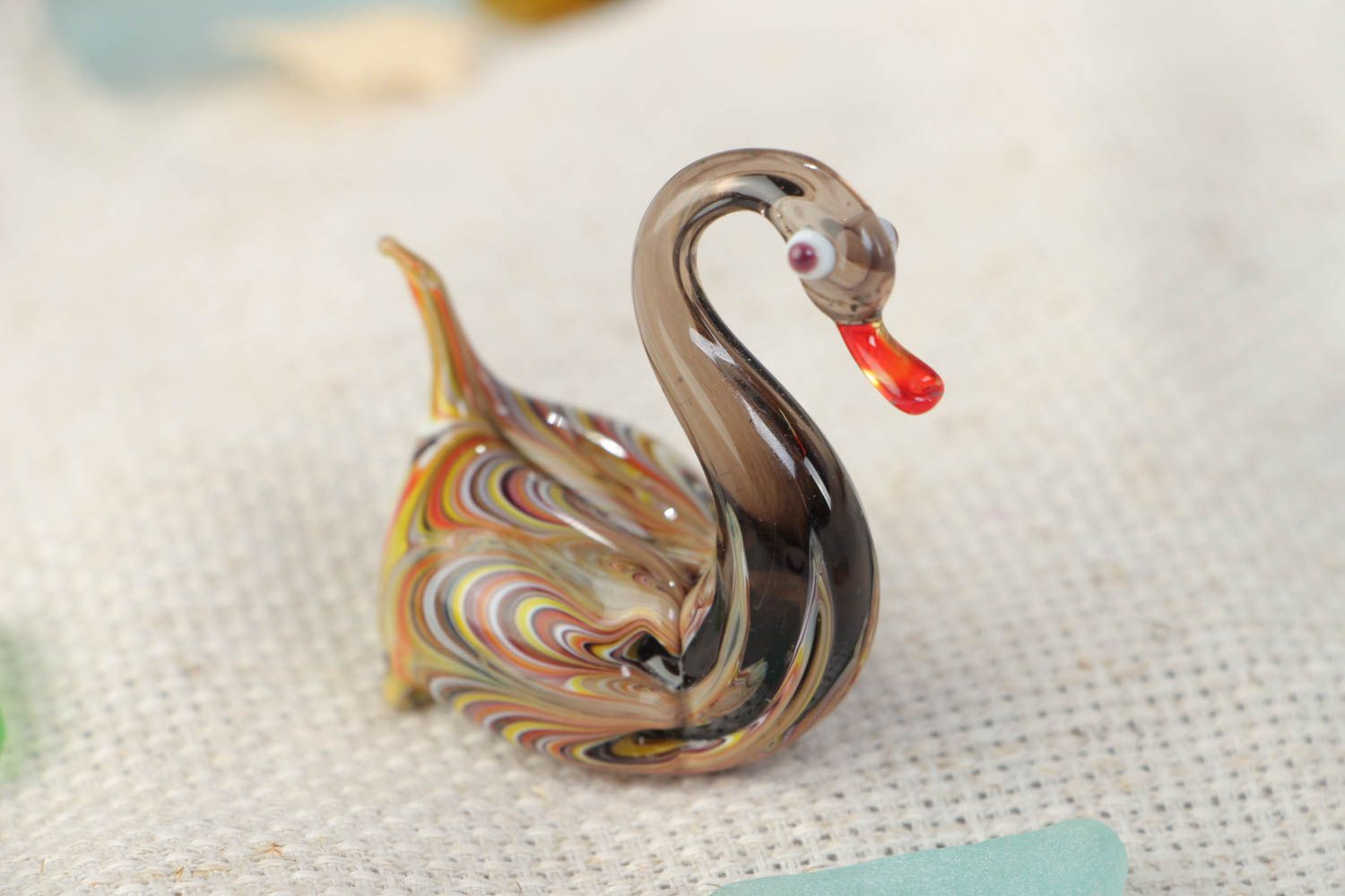 Handmade designer collectible lampwork glass miniature animal figurine of swan photo 1