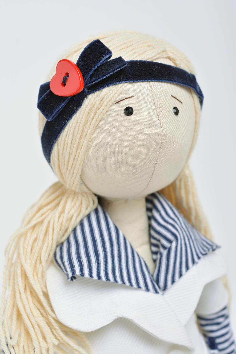 Handmade soft doll Lyuba sewn of cotton fabric in blue and white clothing photo 2