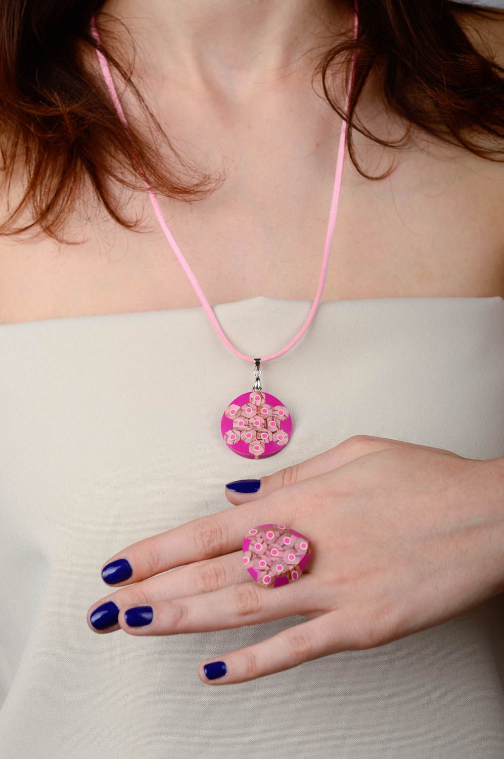 Pink jewelry set handmade bright accessories feminine elite accessories photo 2