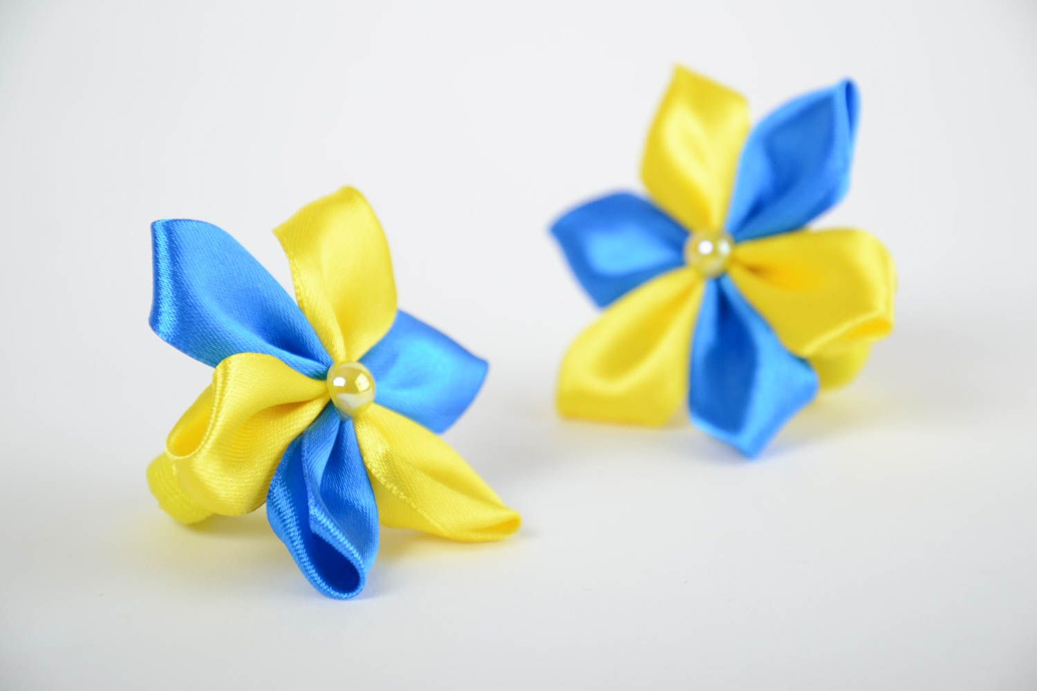 Children's handmade textile kanzashi hair ties set 2 pieces yellow and blue photo 5