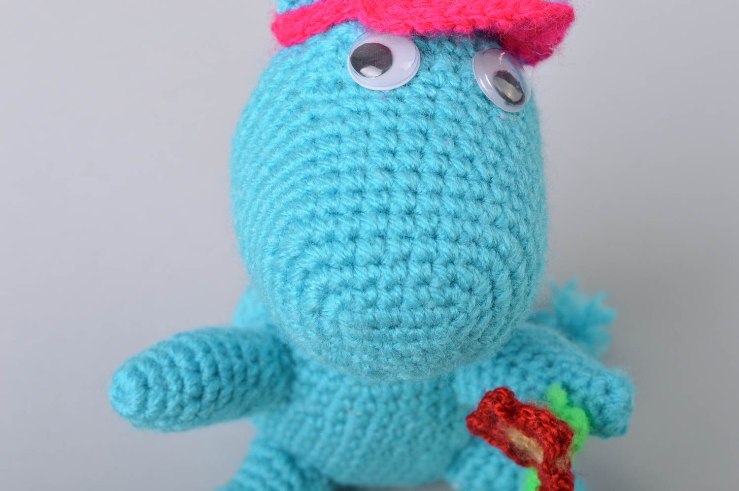 Handmade small designer funny crocheted soft toy blue hippo in hat with flower photo 3