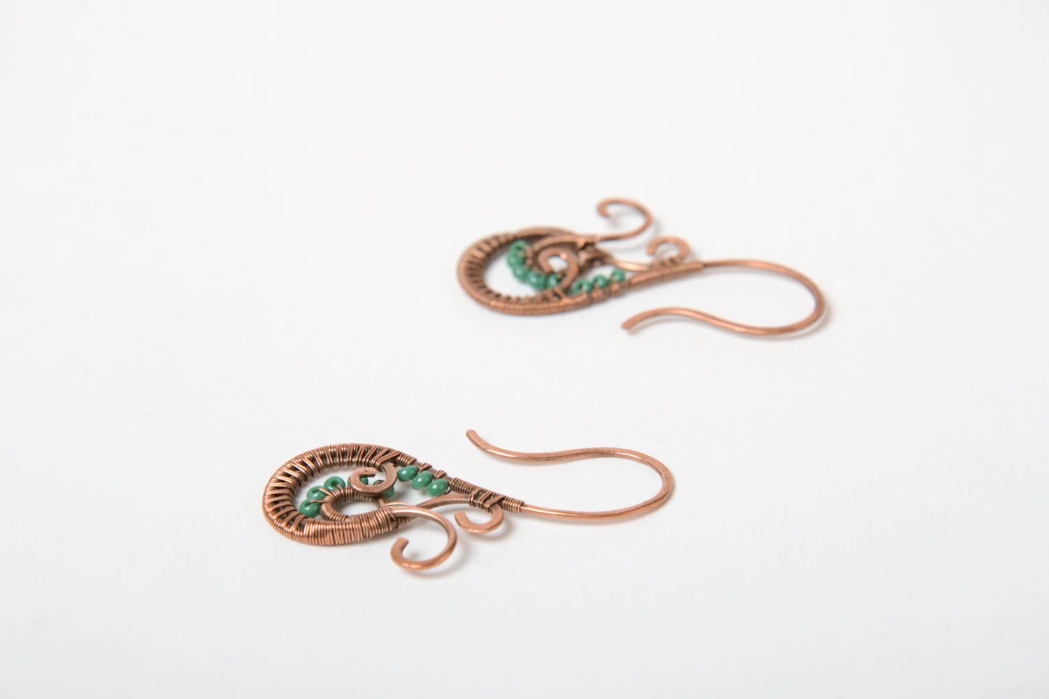 Small handmade wire wrap copper earrings with beads unusual women's jewelry photo 3