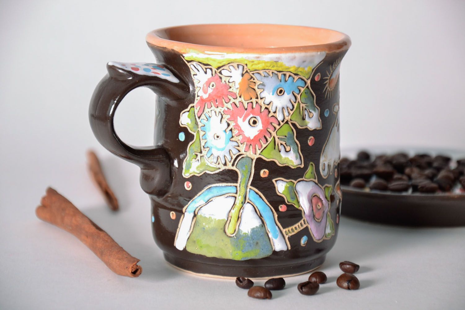 8 oz decorative handmade ceramic glazes coffee cup with handle and bright pattern photo 1