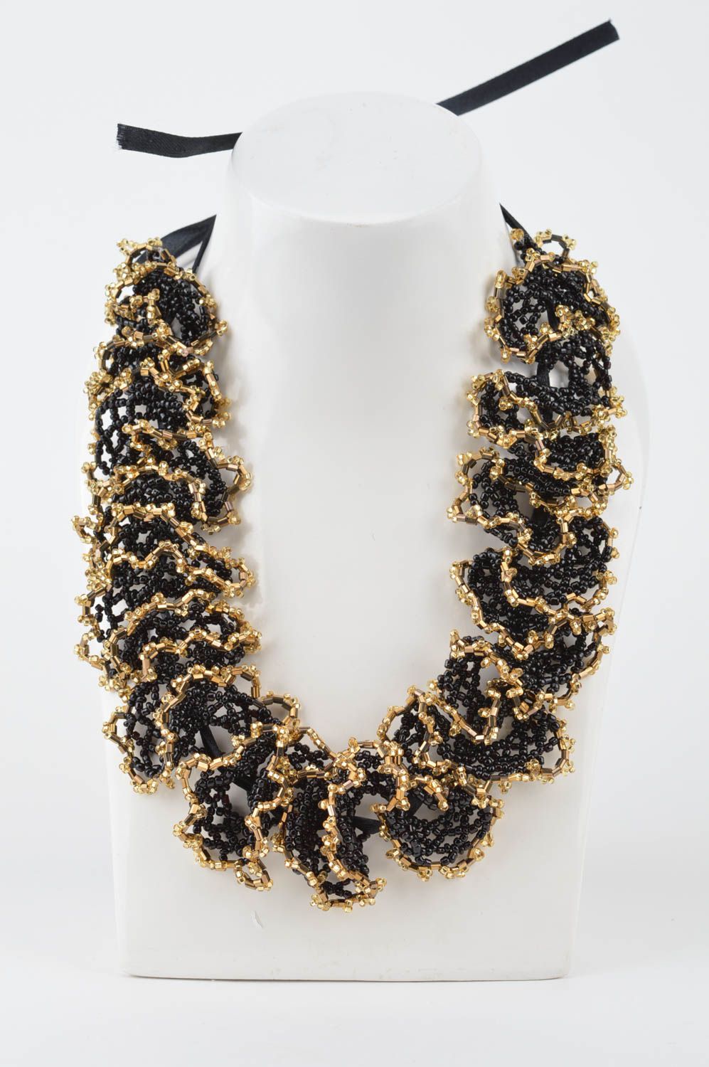Beautiful handmade designer beaded airy necklace of black and gold colors photo 3