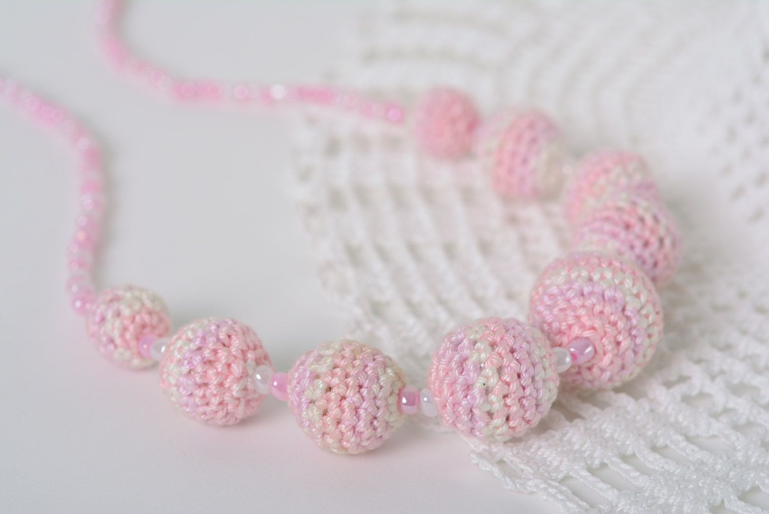 Handmade tender pink sling bead necklace crocheted of cotton threads for moms photo 1