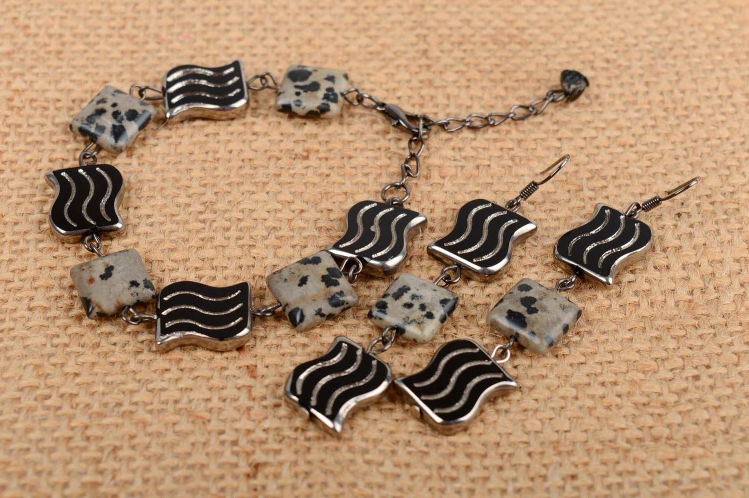 Handmade natural jasper stone jewelry set wrist bracelet and dangle earrings photo 1