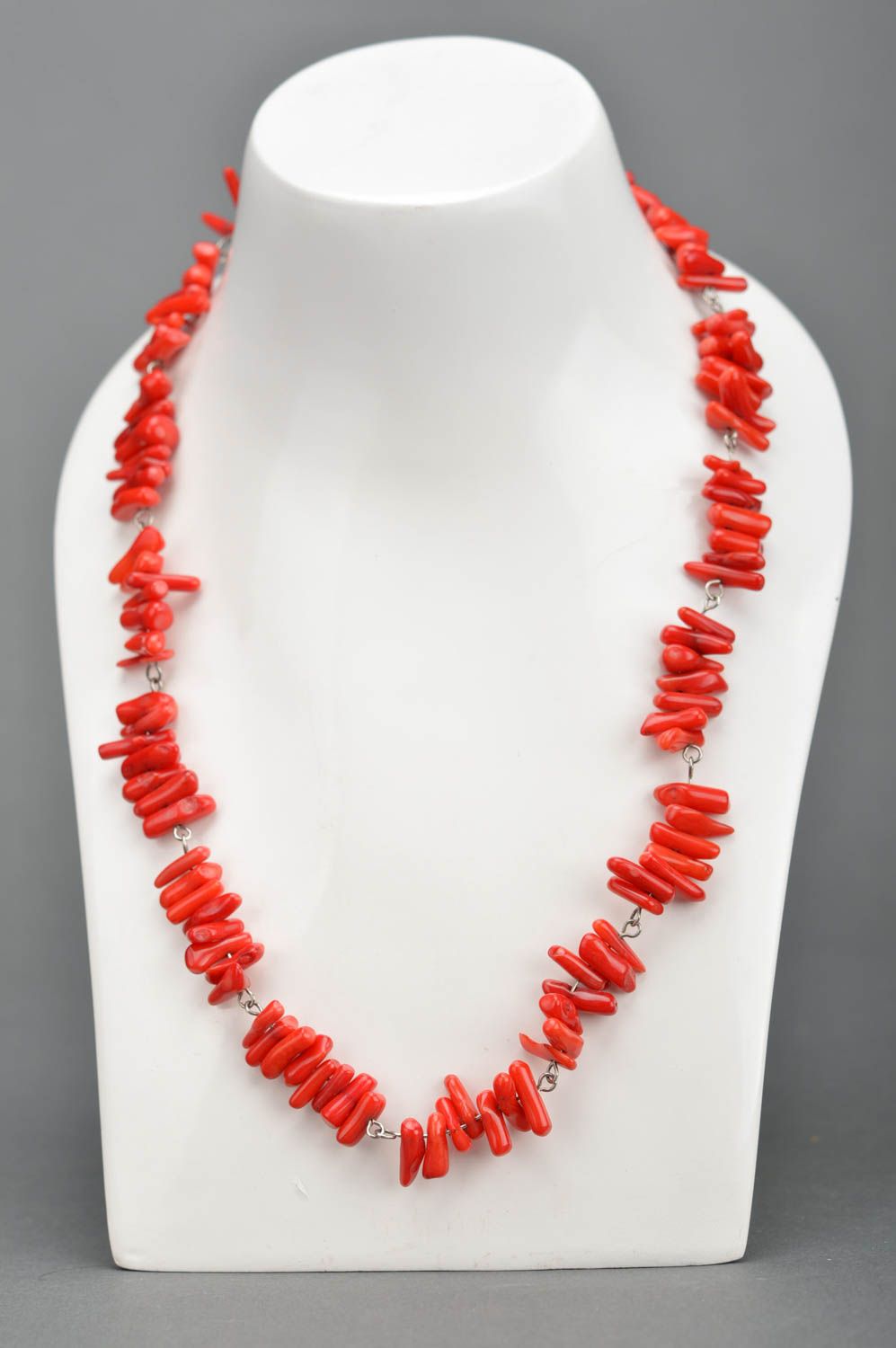 Handmade long designer women's necklace with natural bright red coral photo 1