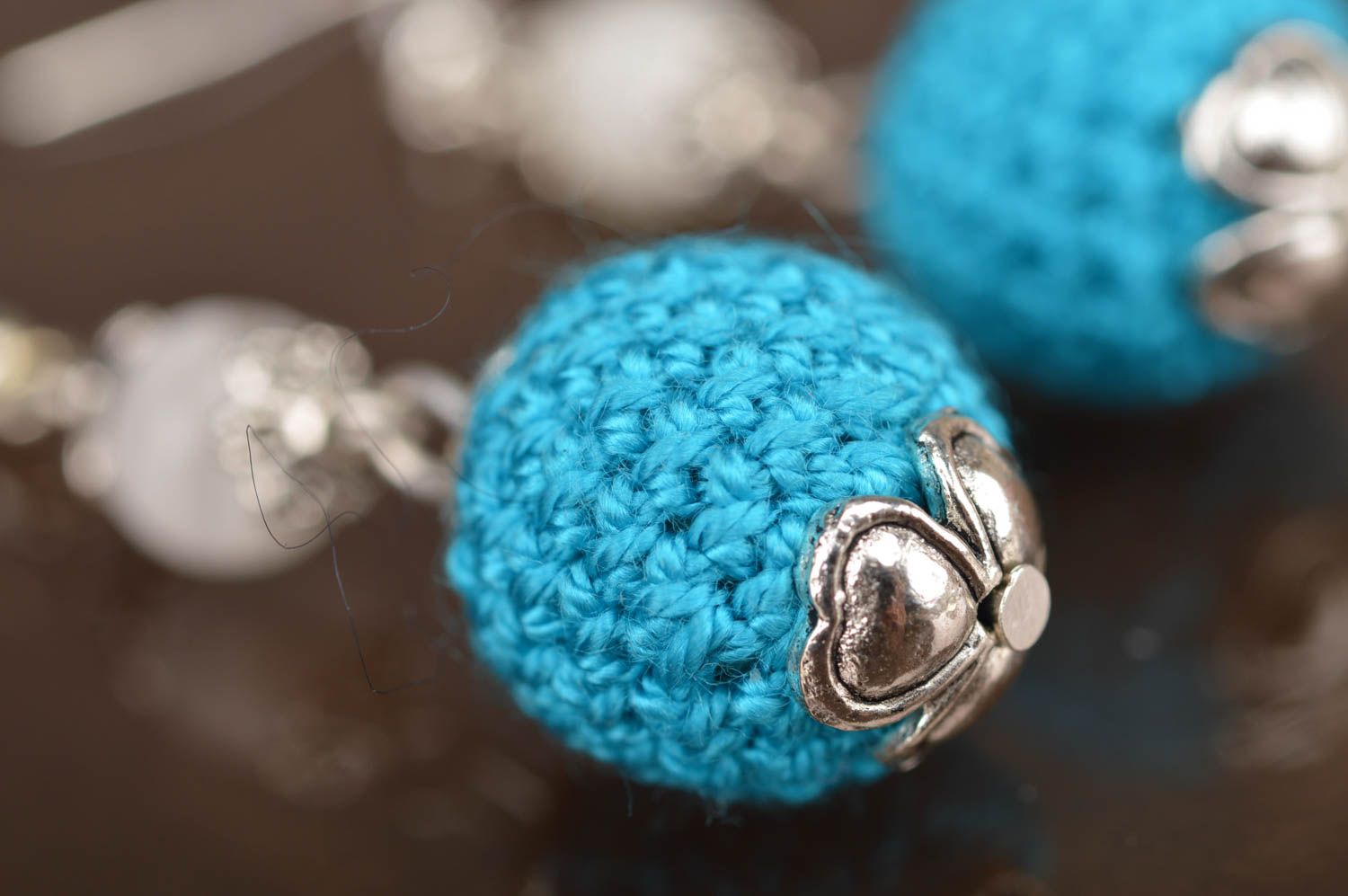 Unusual beautiful blue handmade designer ball earrings crochet over with threads photo 4