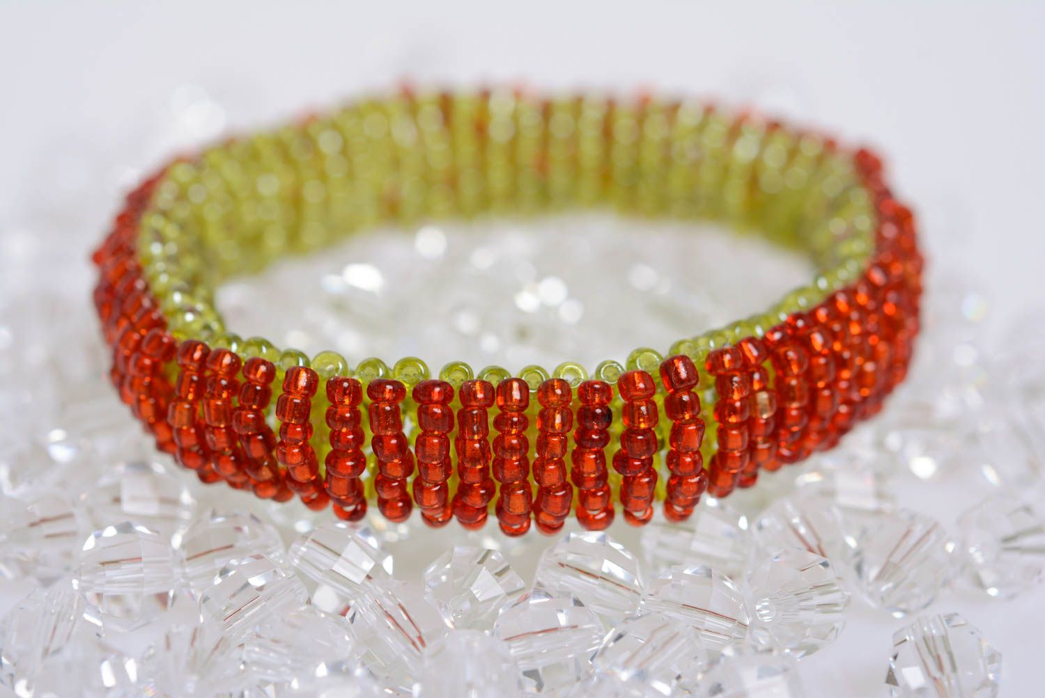 Handmade beaded bracelet in red and green colors for young girls photo 1