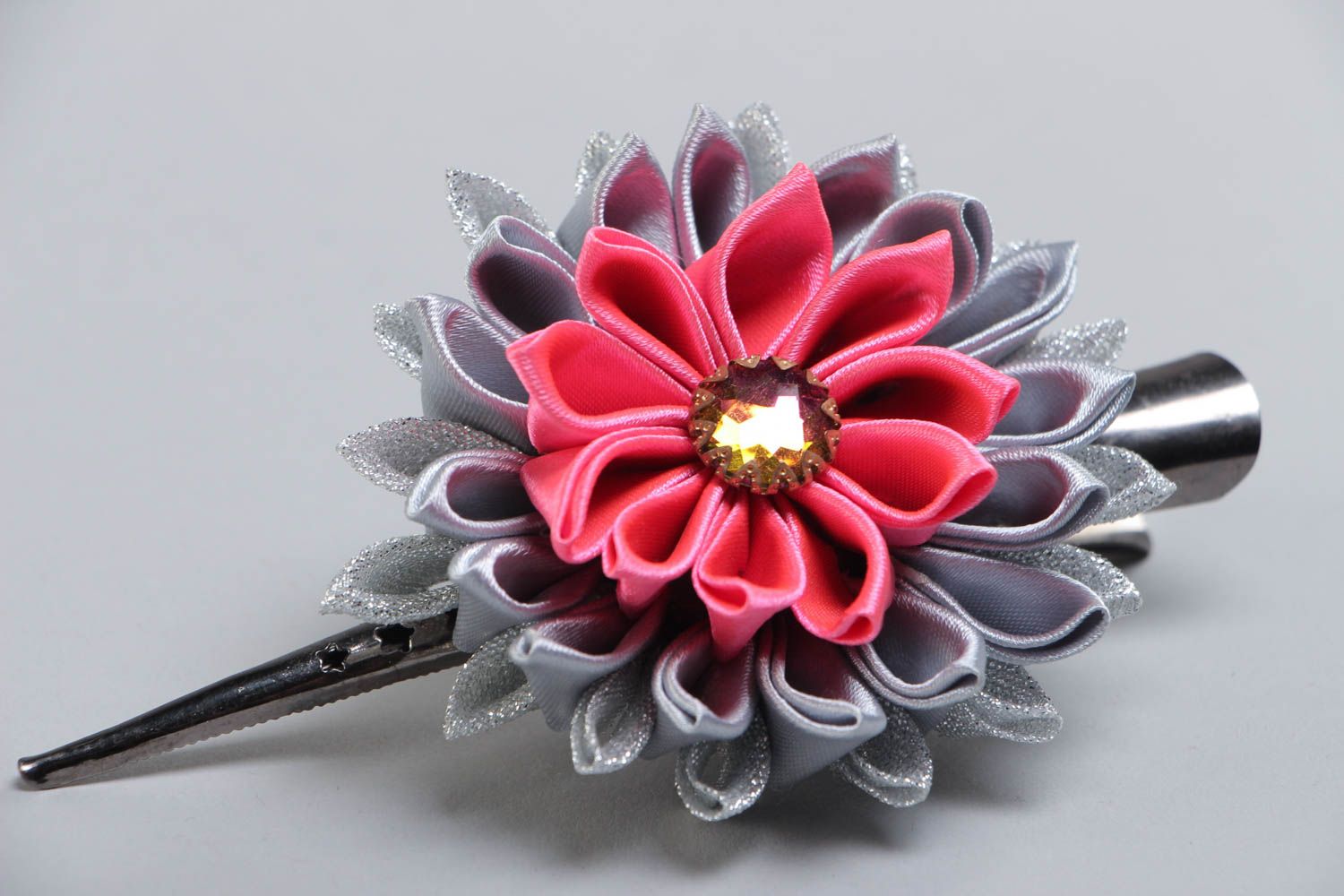 Handmade beautuful hairpin made of ribbon using kanzashi technique gray with pink photo 3
